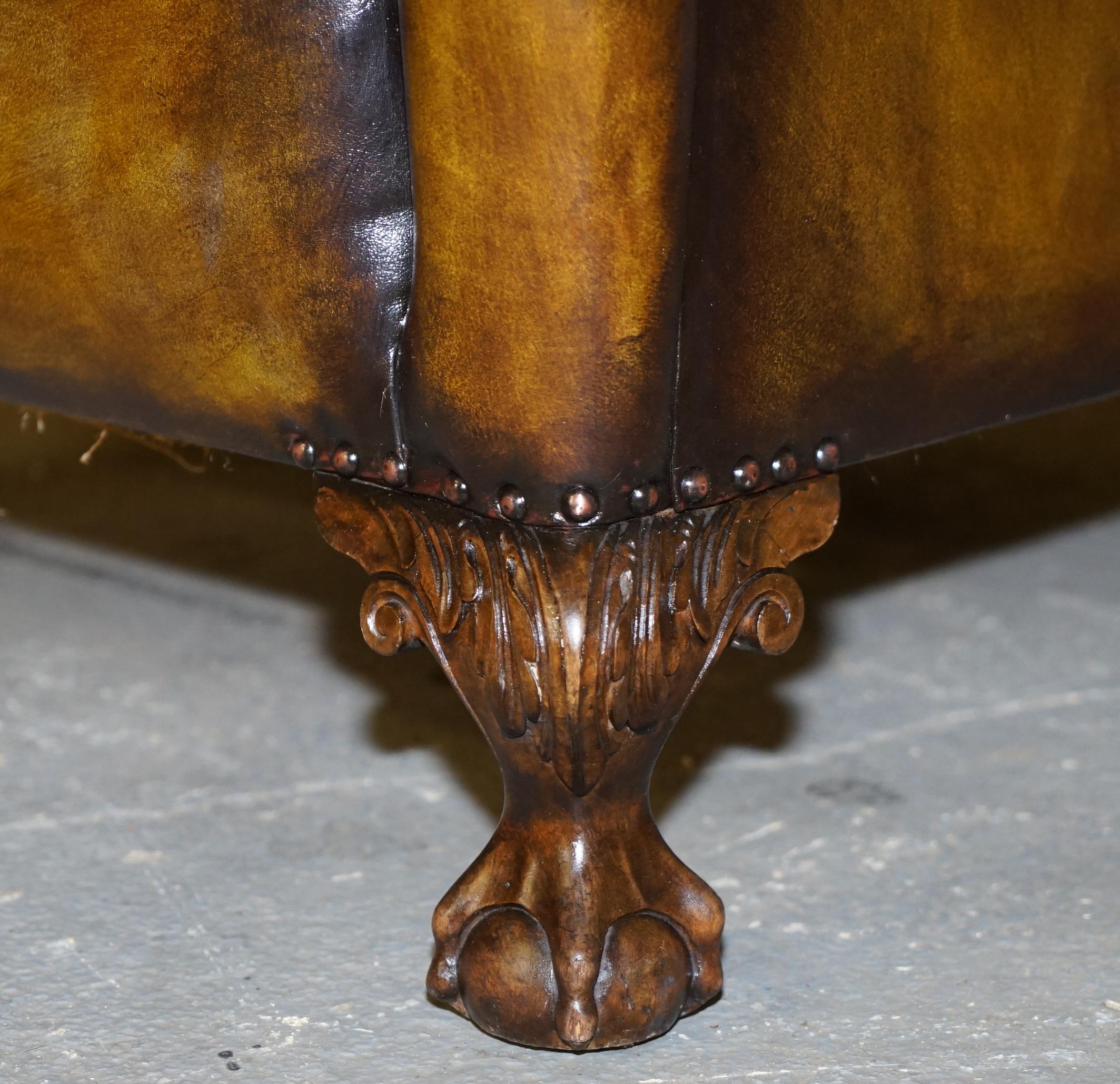 Hand-Crafted Large Pair of Restored Victorian Cigar Brown Leather Claw & Ball Feet Armchairs