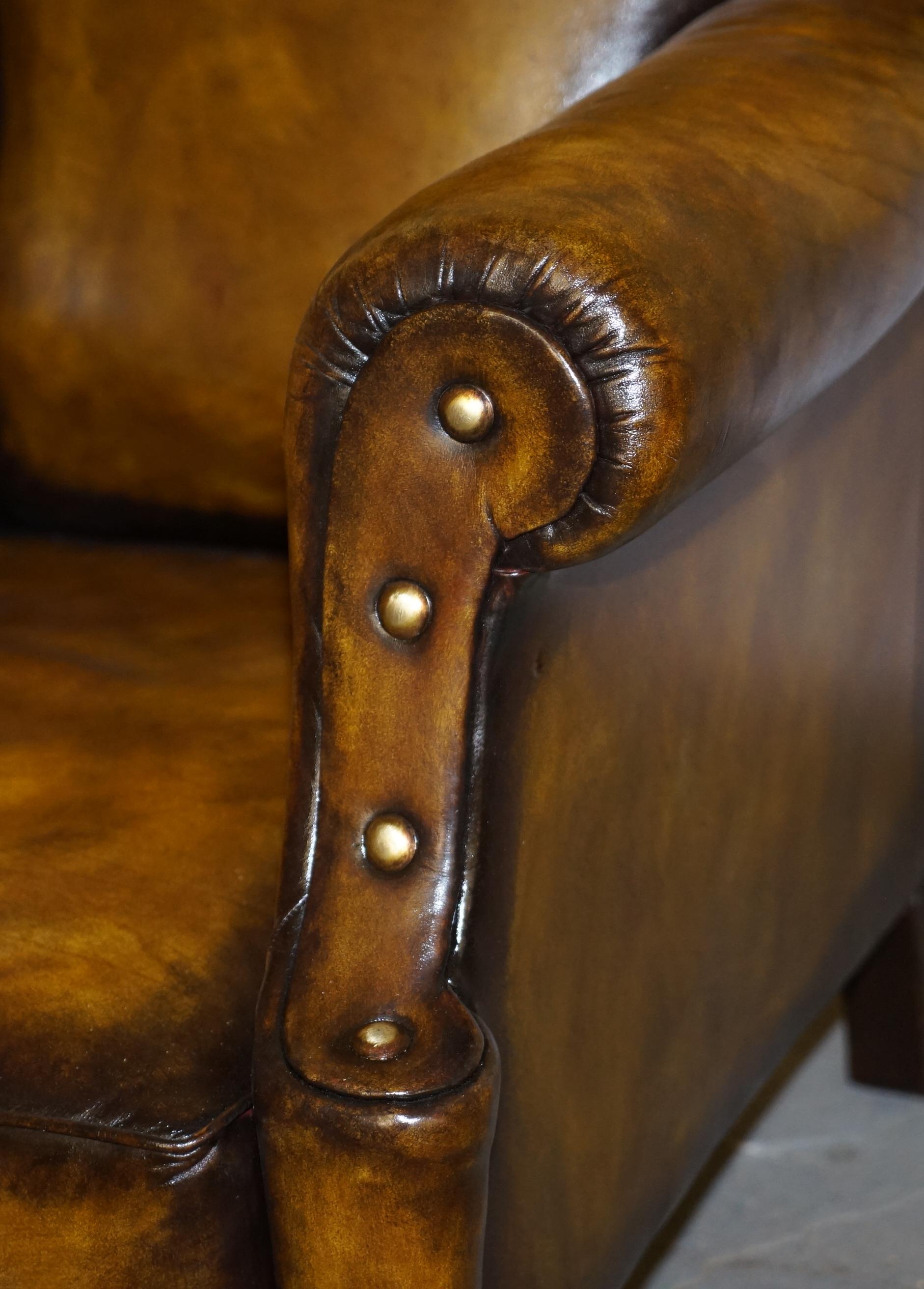 19th Century Large Pair of Restored Victorian Cigar Brown Leather Claw & Ball Feet Armchairs
