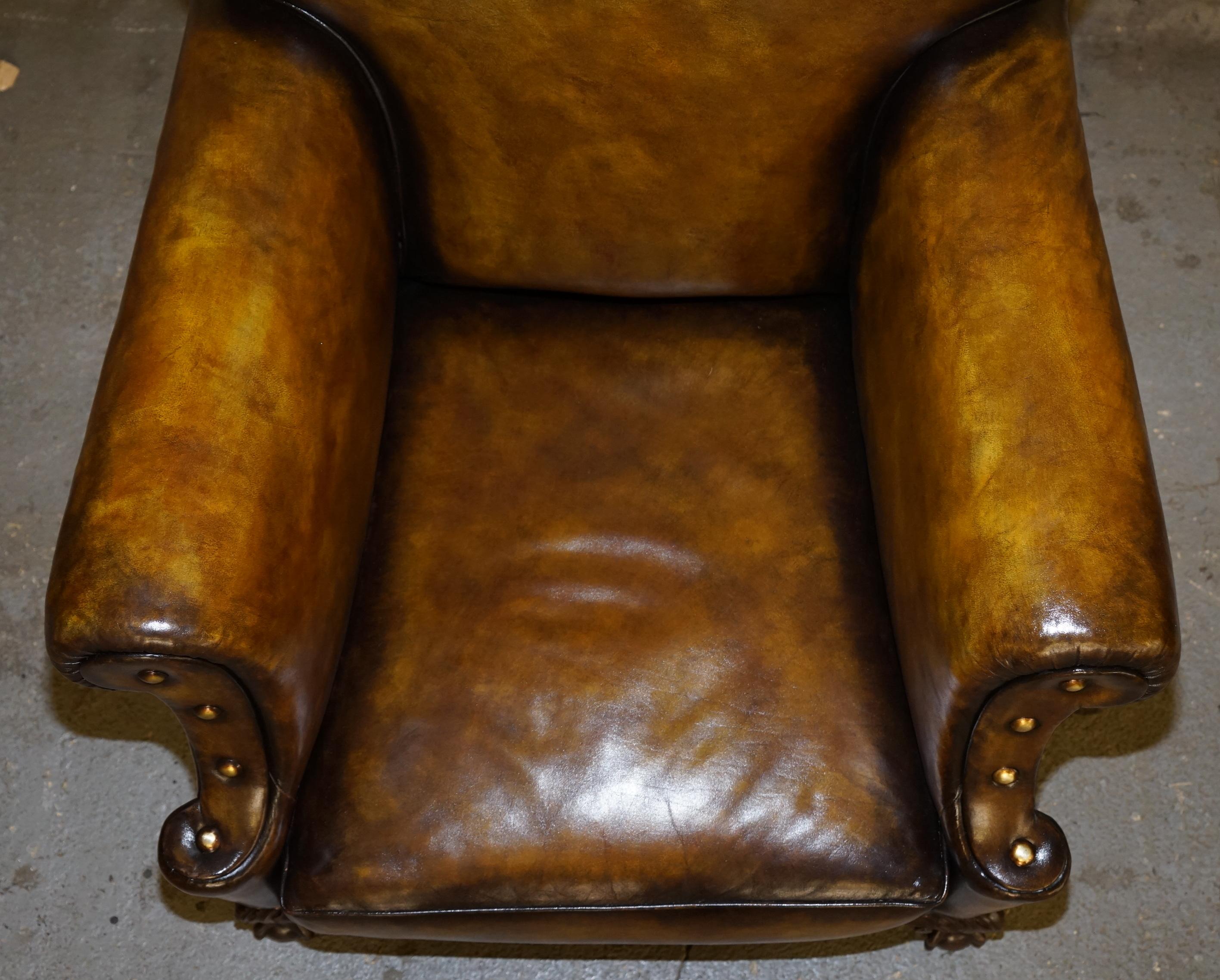 Large Pair of Restored Victorian Cigar Brown Leather Claw & Ball Feet Armchairs 1