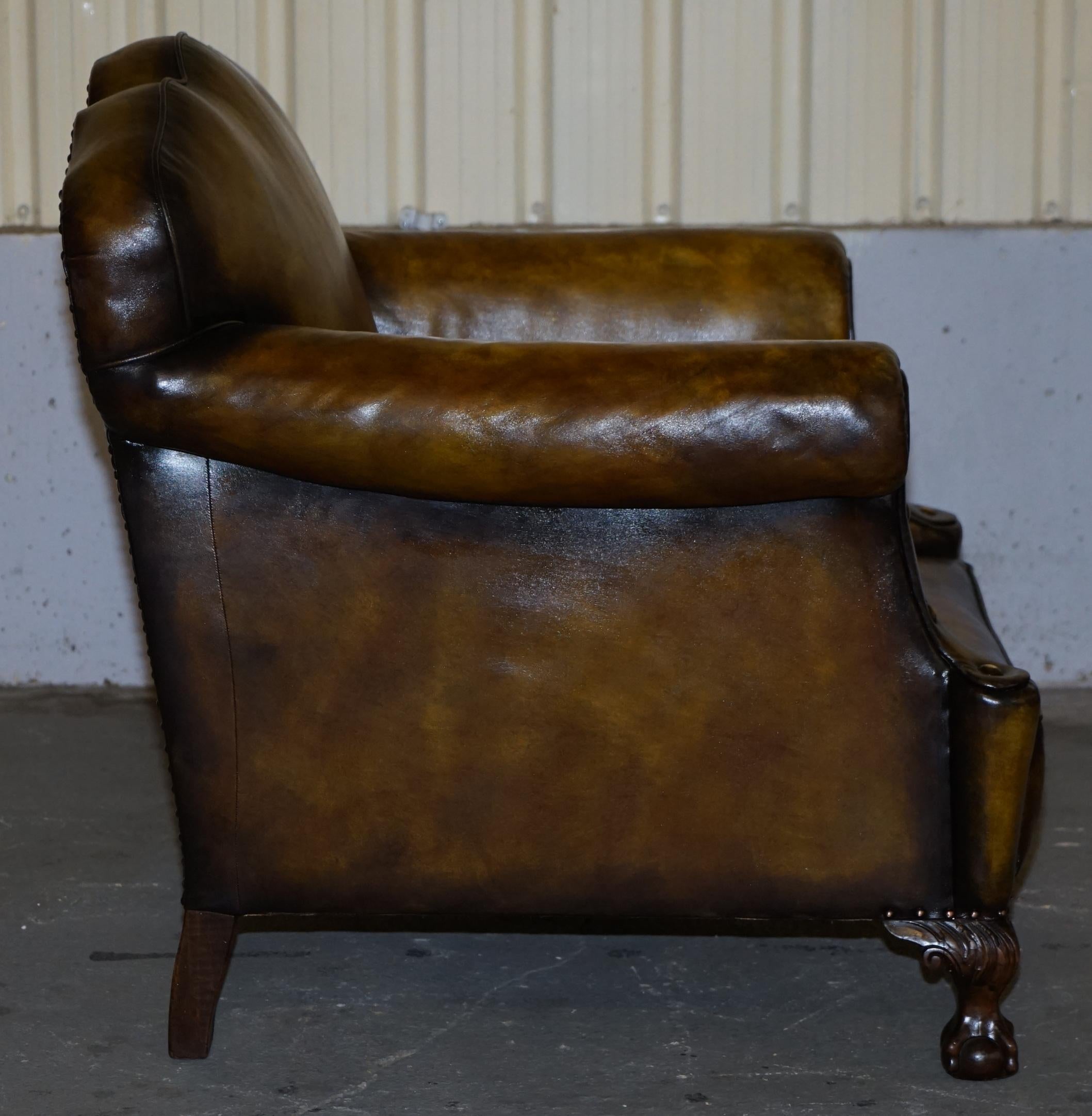 Large Pair of Restored Victorian Cigar Brown Leather Claw & Ball Feet Armchairs 3