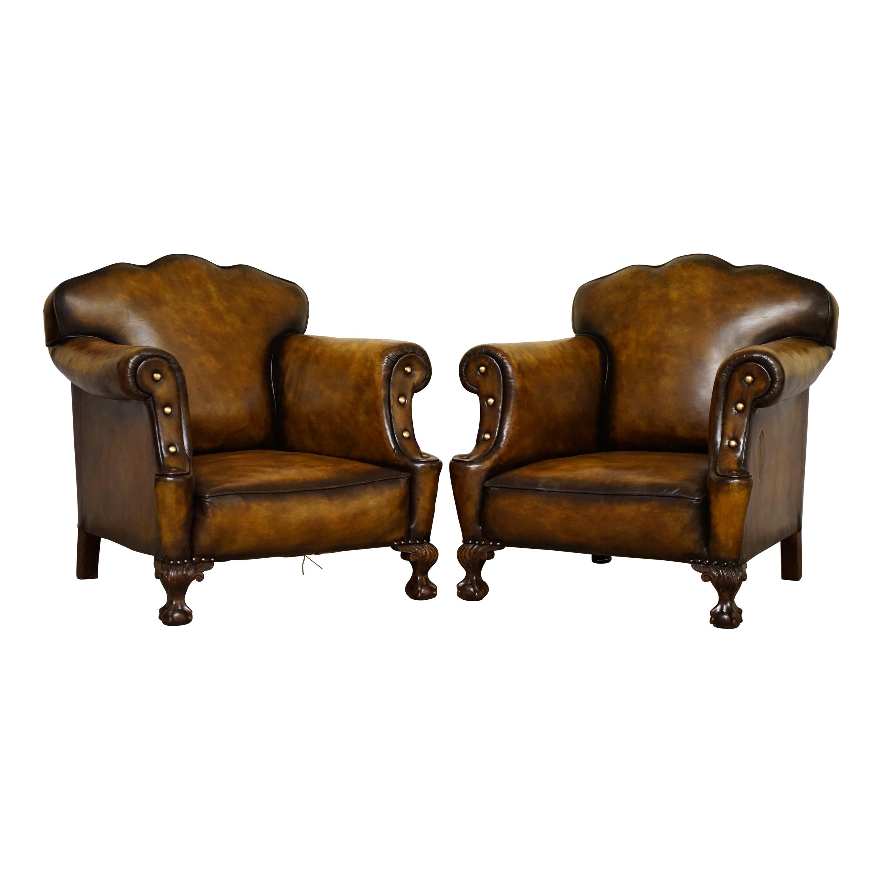 Large Pair of Restored Victorian Cigar Brown Leather Claw & Ball Feet Armchairs