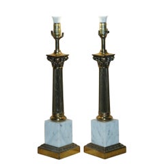 Large Pair of Restored Antique Roman Corinthian Pillar Marble Brass Tables Lamps