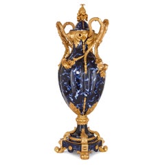 Large Pair of Rococo Style Gilt Bronze and Blue Ceramic Vases