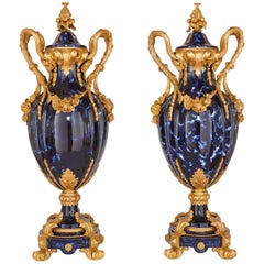 Large Pair of Rococo Style Gilt Bronze and Blue Ceramic Vases