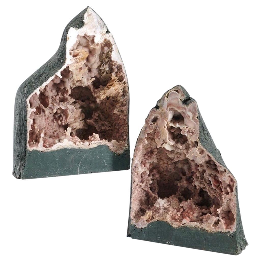Large Pair of Rose Colored Cathedral Shaped Geodes For Sale
