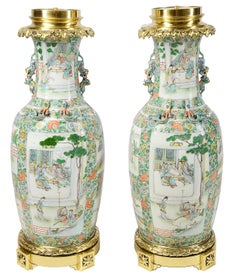 Large Pair of Rose Medallion 19th Century Vases or Lamps