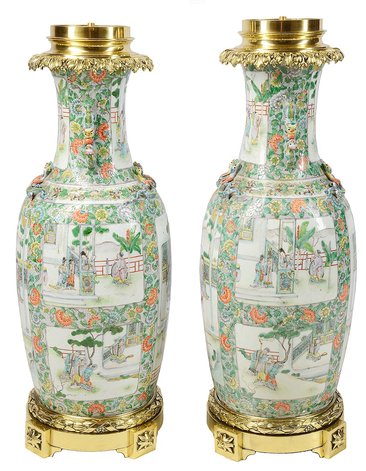 Chinese Export Large Pair of Rose Medallion 19th Century Vases or Lamps For Sale