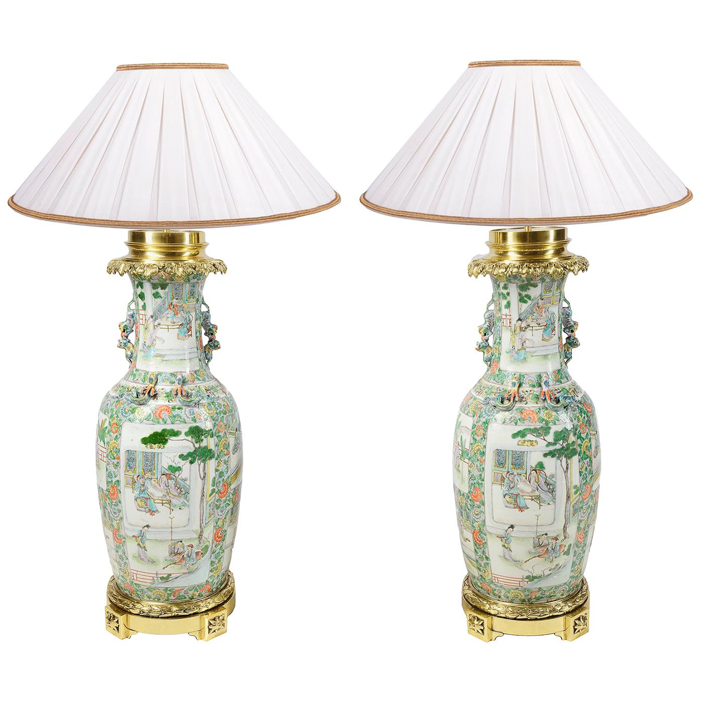 Large Pair of Rose Medallion 19th Century Vases or Lamps For Sale