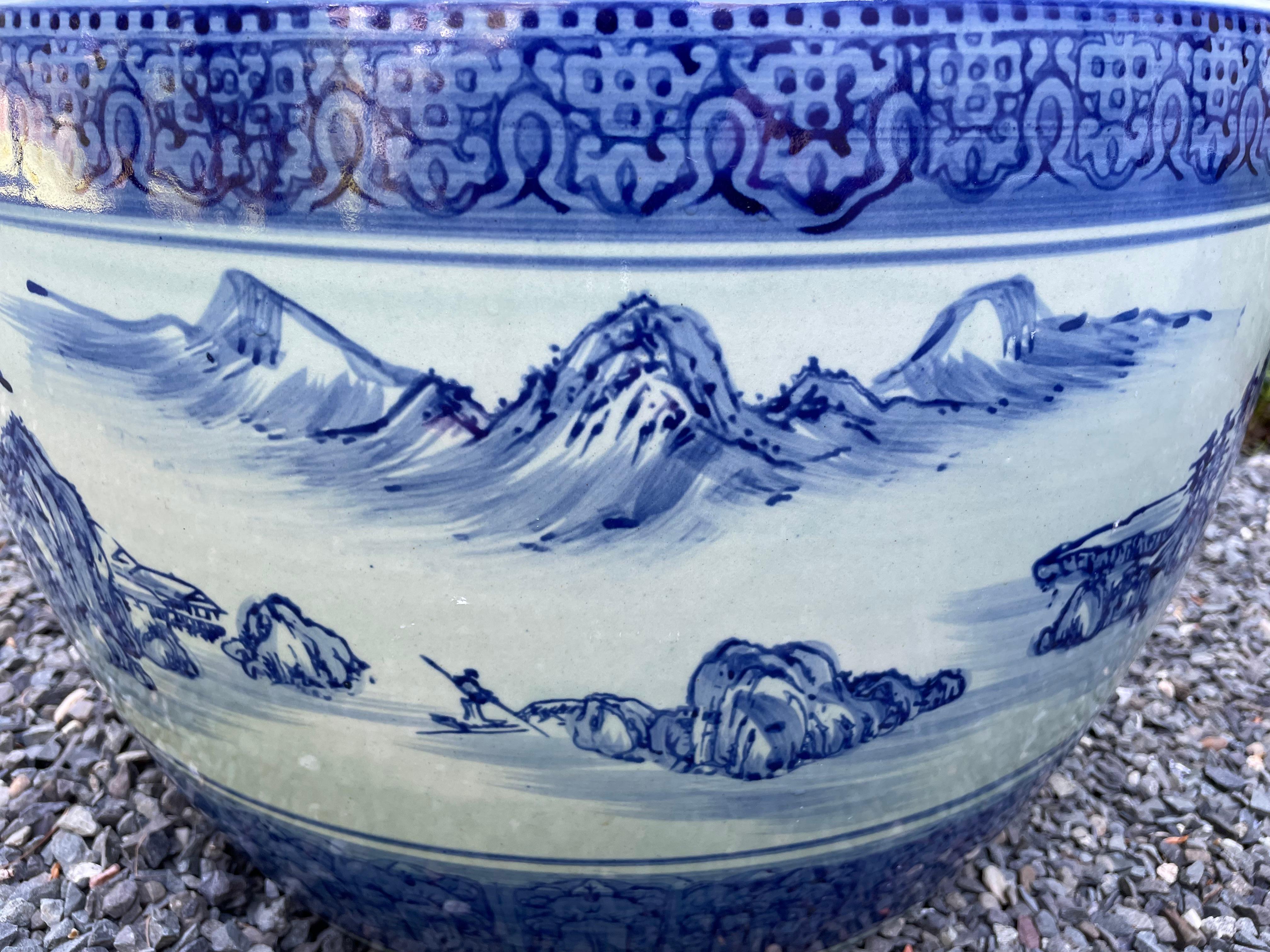 blue white ceramic planter