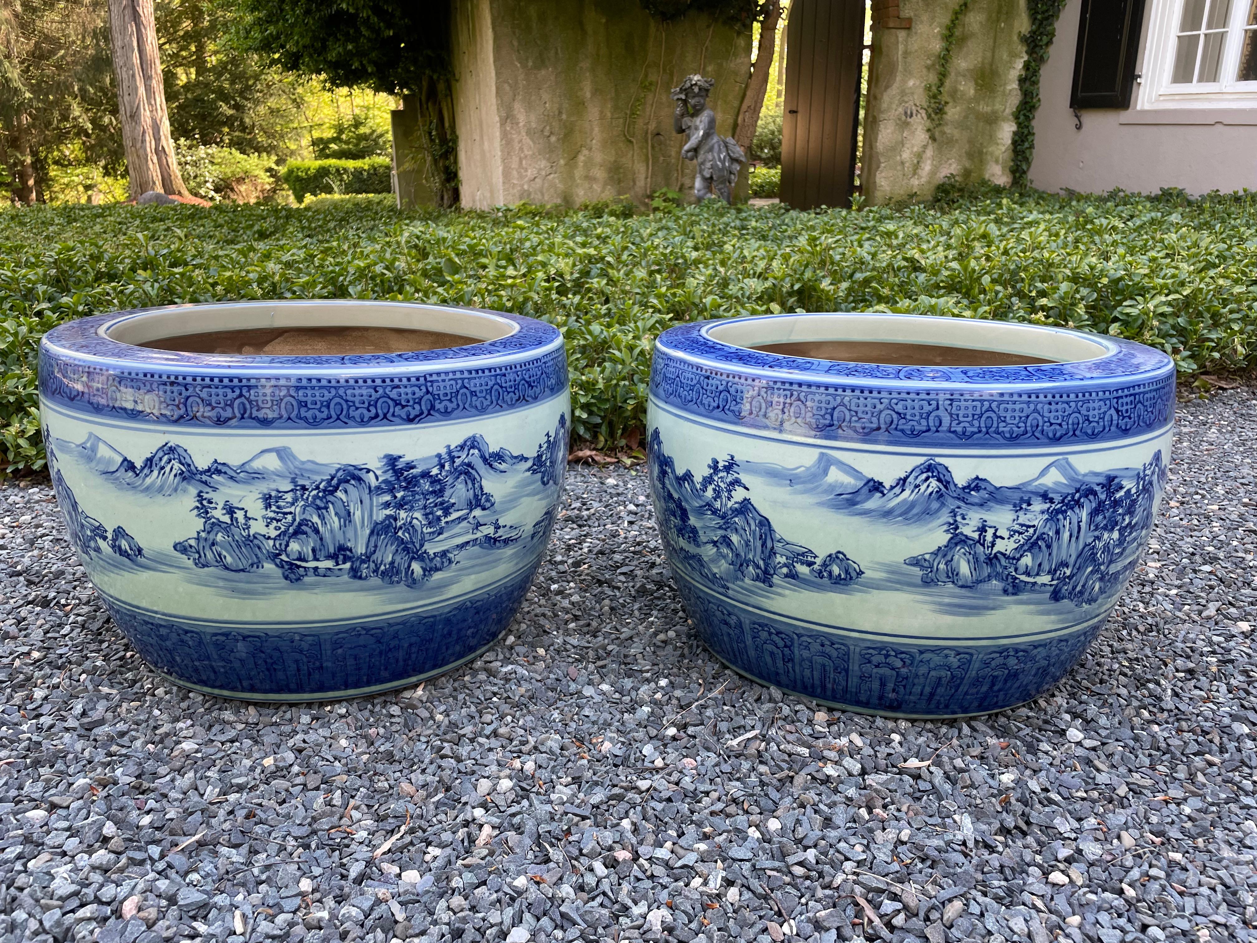 Chinese Export Large Pair of Round Chinese Blue and White Ceramic Planters