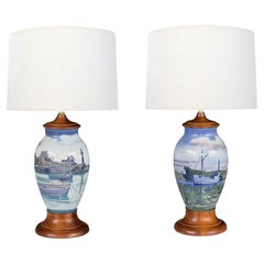 Large Pair of Royal Copenhagen Hand-painted Lamps of Harbor Scenes
