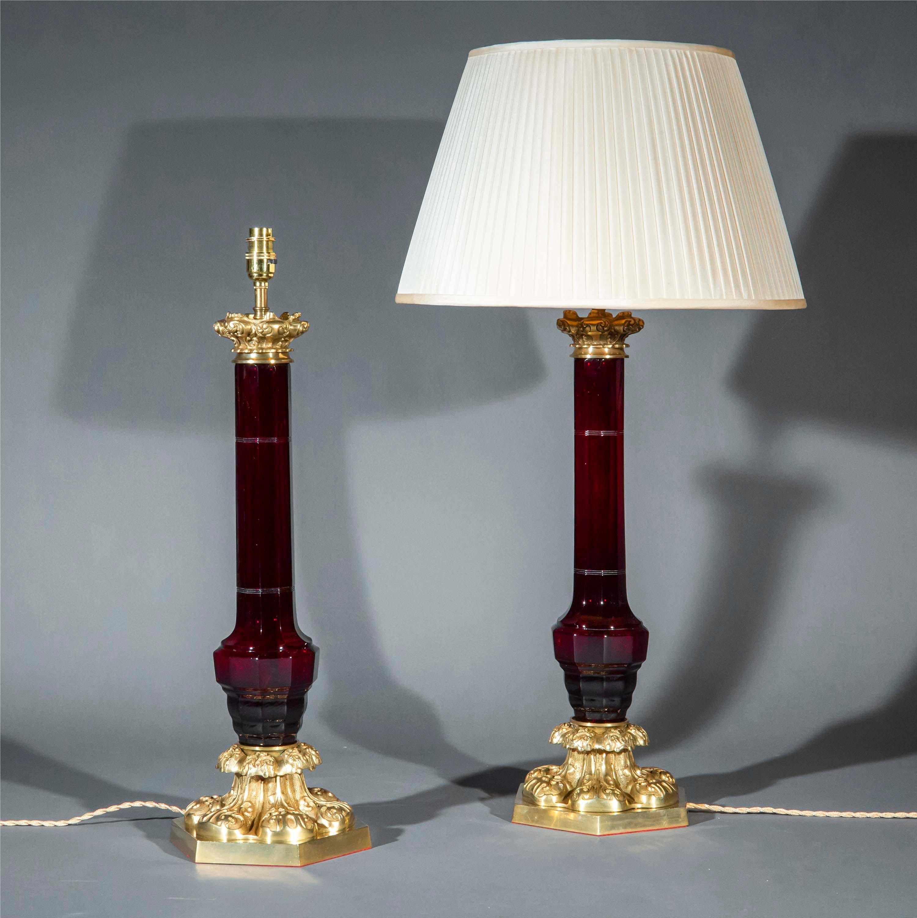 European Large Pair of Ruby Glass and Brass Lamps