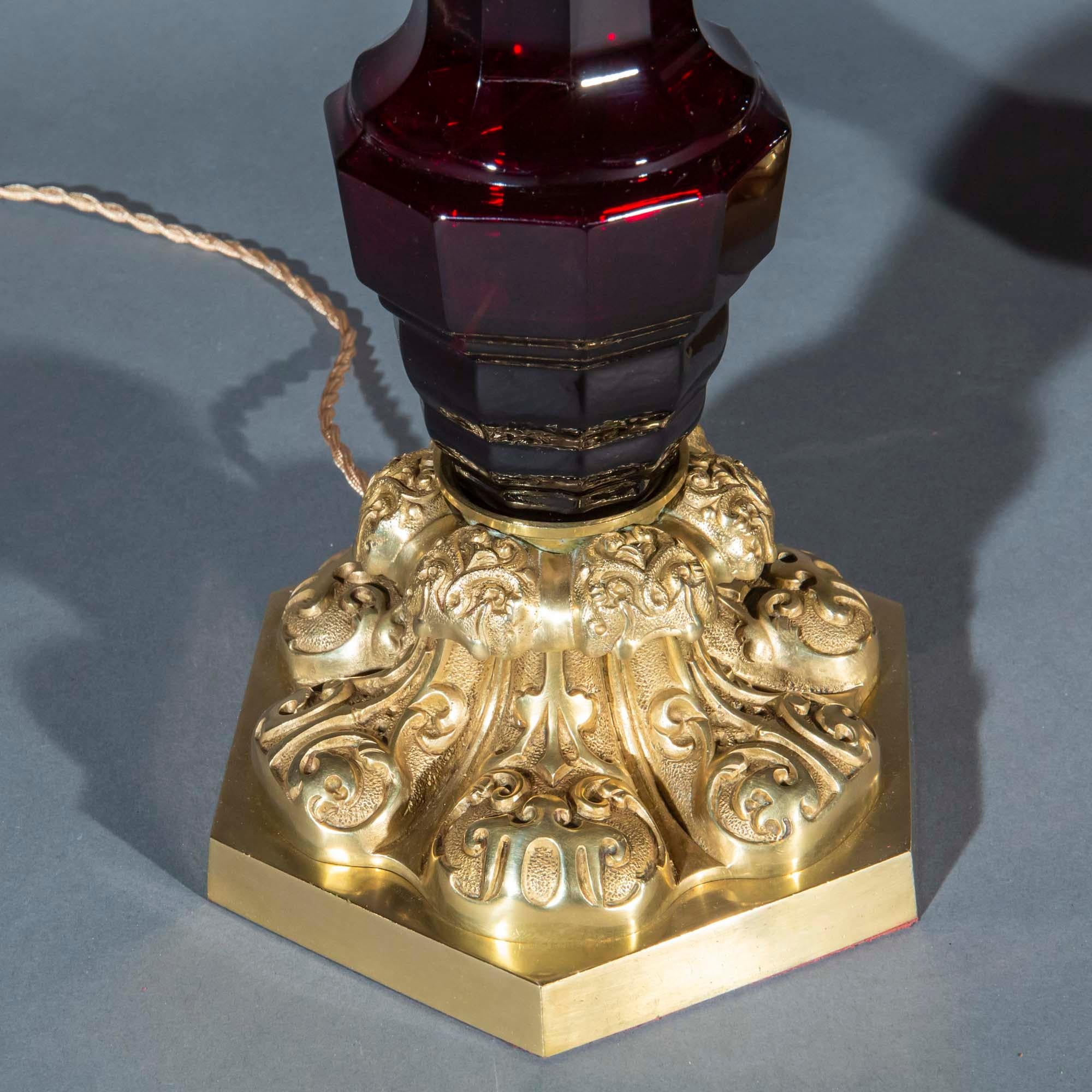 Large Pair of Ruby Glass and Brass Lamps In Good Condition In Richmond, London