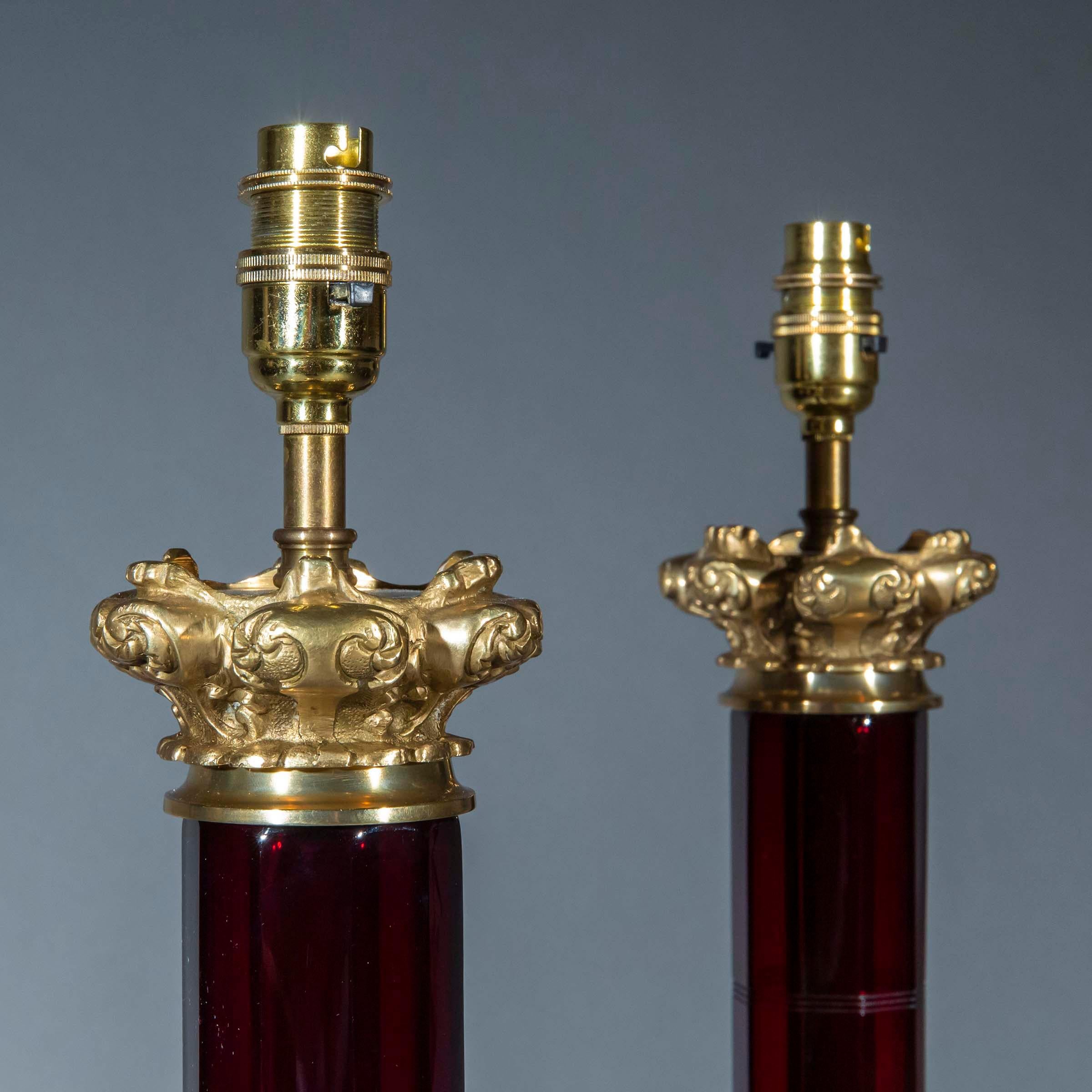 20th Century Large Pair of Ruby Glass and Brass Lamps