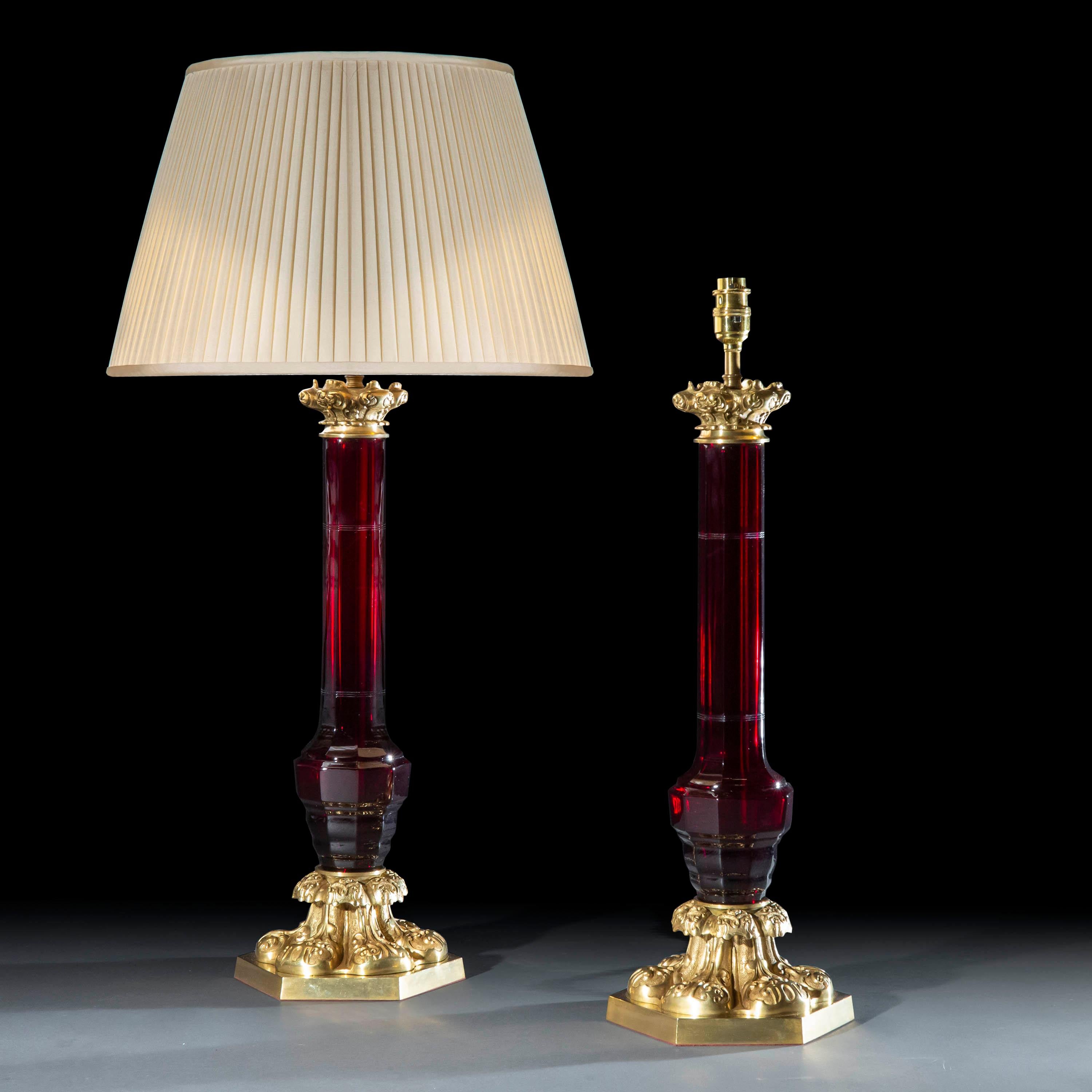 Large Pair of Ruby Glass and Brass Lamps 1