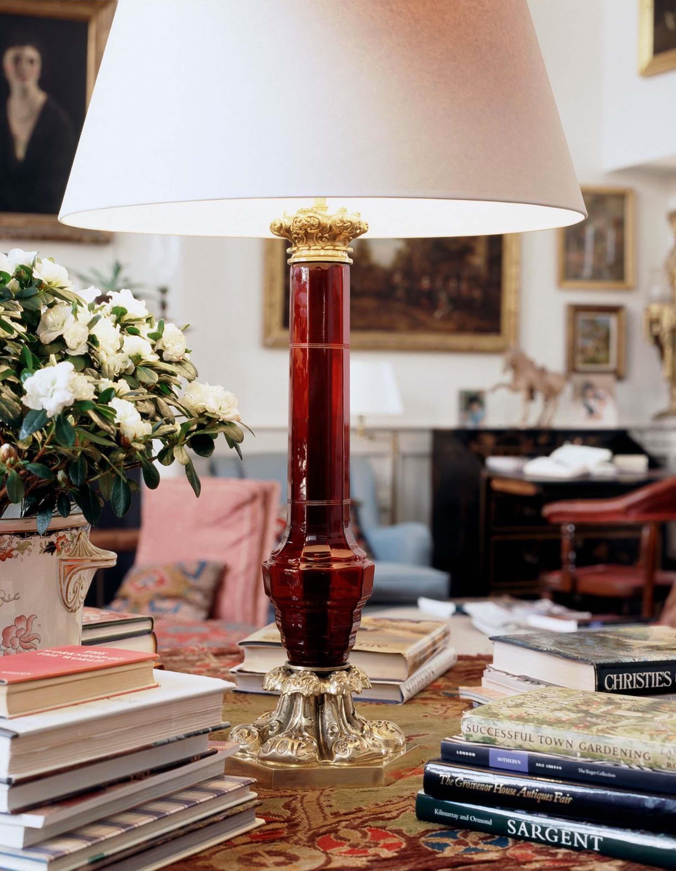Large Pair of Ruby Glass and Brass Lamps 3