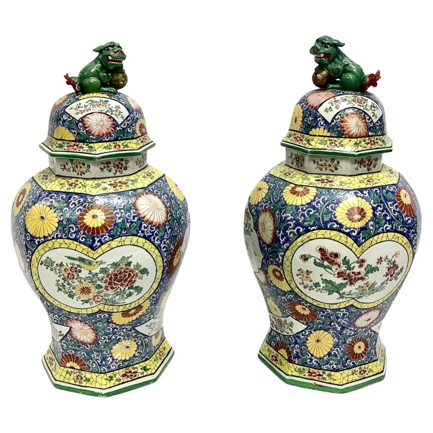 Large Pair of Sampson Style Porcelain Vases with Lids