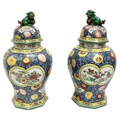 Antique Large Pair of Sampson Style Porcelain Vases with Lids