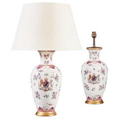 Large Pair of Samson Armorial Vases as Table Lamps with Giltwood Bases