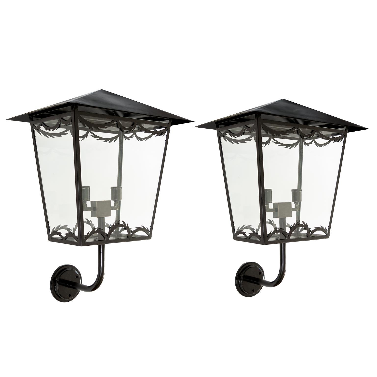 Large Pair of Scandinavian Midcentury Wall Mounted Lanterns with Glass Sides For Sale