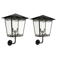 Large Pair of Scandinavian Midcentury Wall Mounted Lanterns with Glass Sides