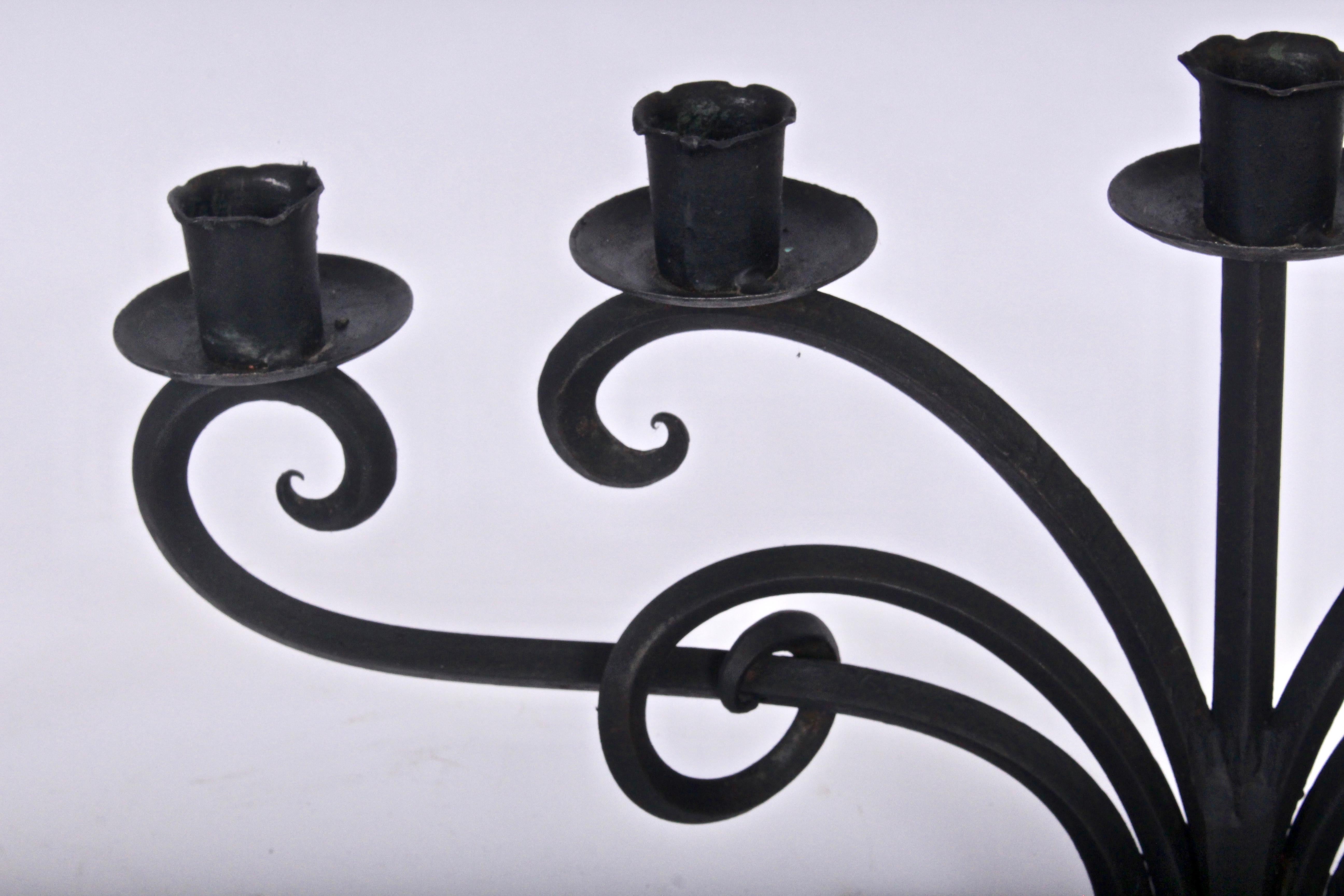 Norwegian Large Pair of Just Andersen Style Six-Arm Hand Forged Iron Scrolled Candelabrum  For Sale