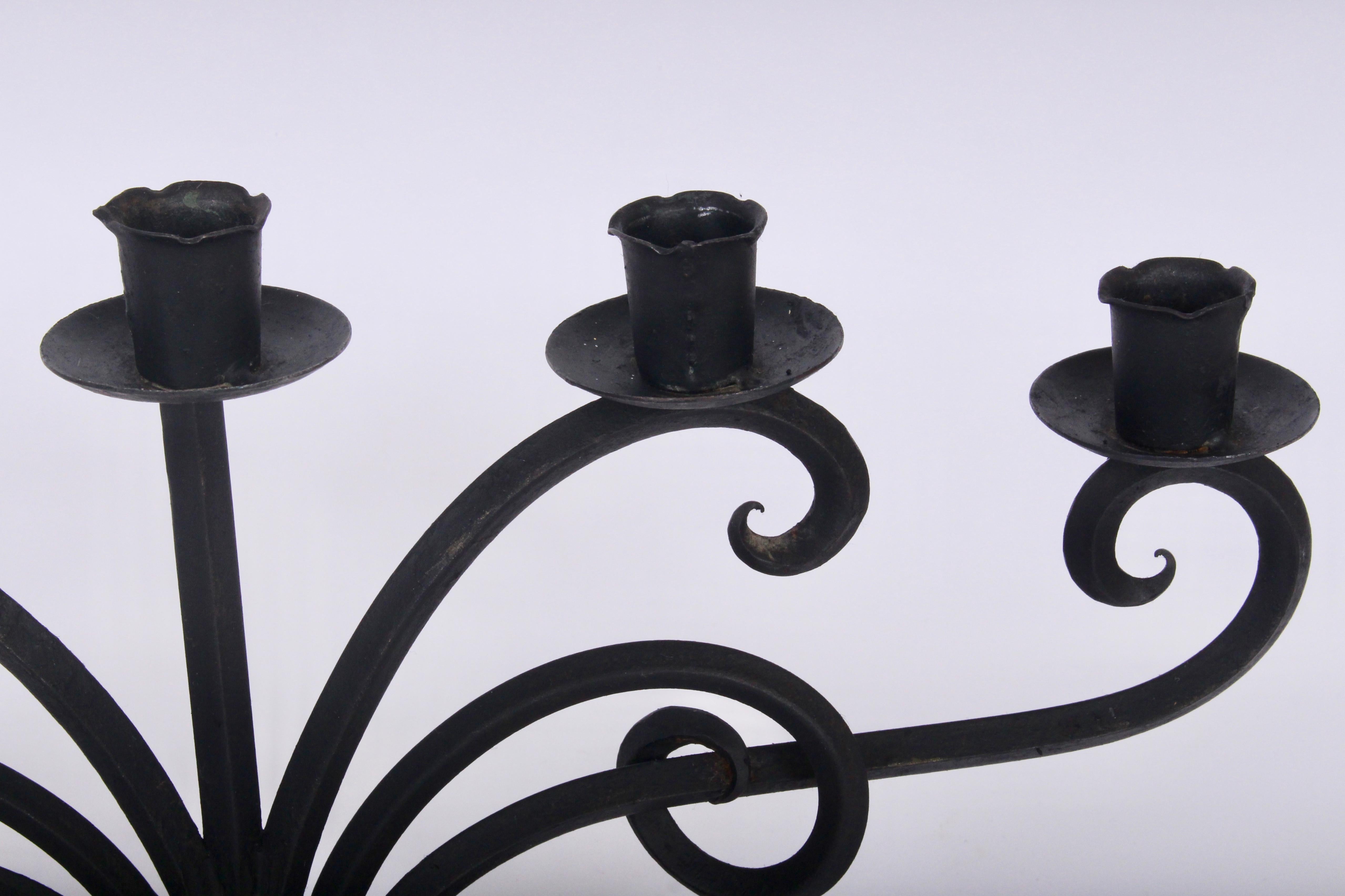 Hand-Crafted Large Pair of Just Andersen Style Six-Arm Hand Forged Iron Scrolled Candelabrum  For Sale