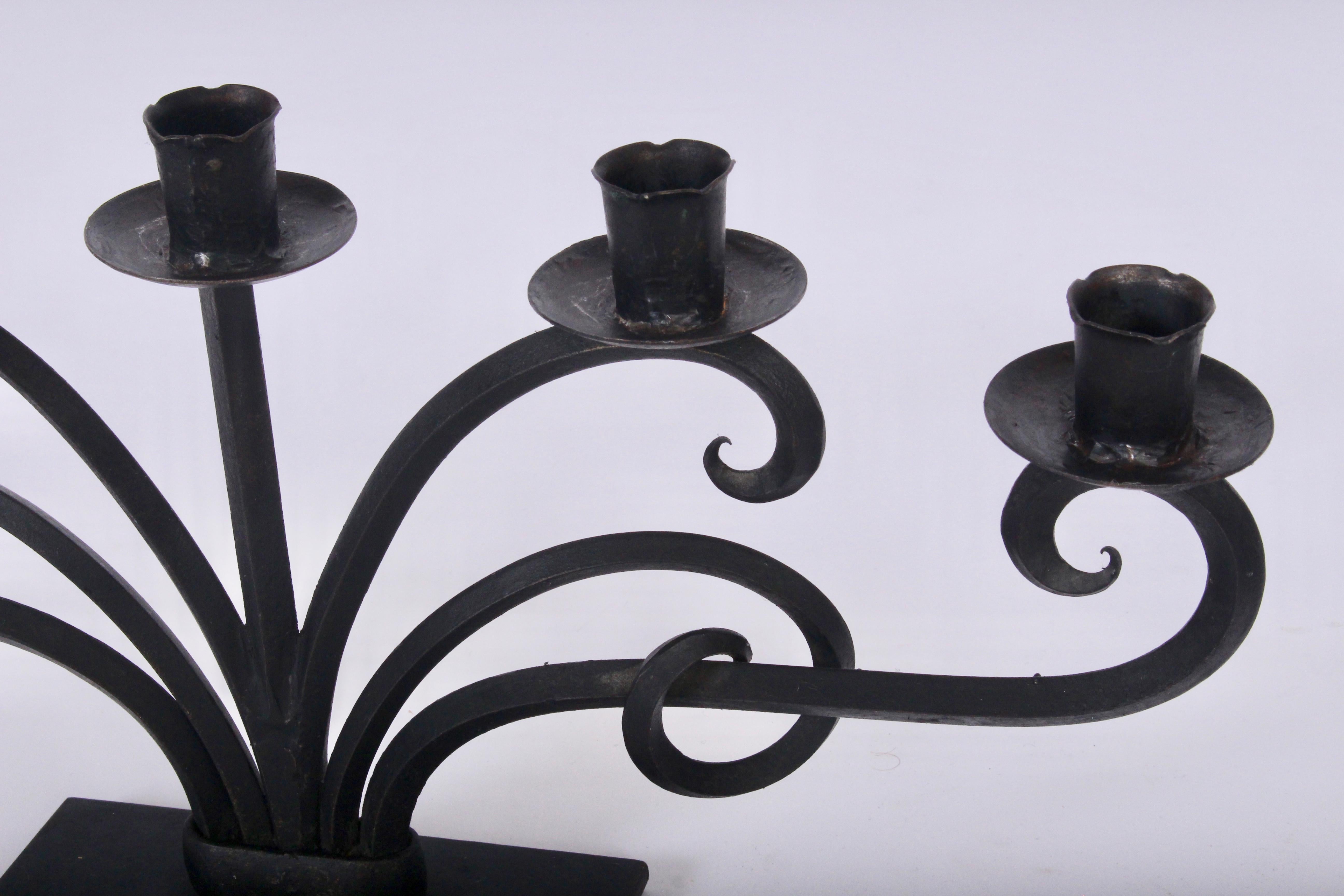 Large Pair of Just Andersen Style Scrolled Six-Arm Hand Forged Iron Candelabrum  In Good Condition For Sale In Bainbridge, NY
