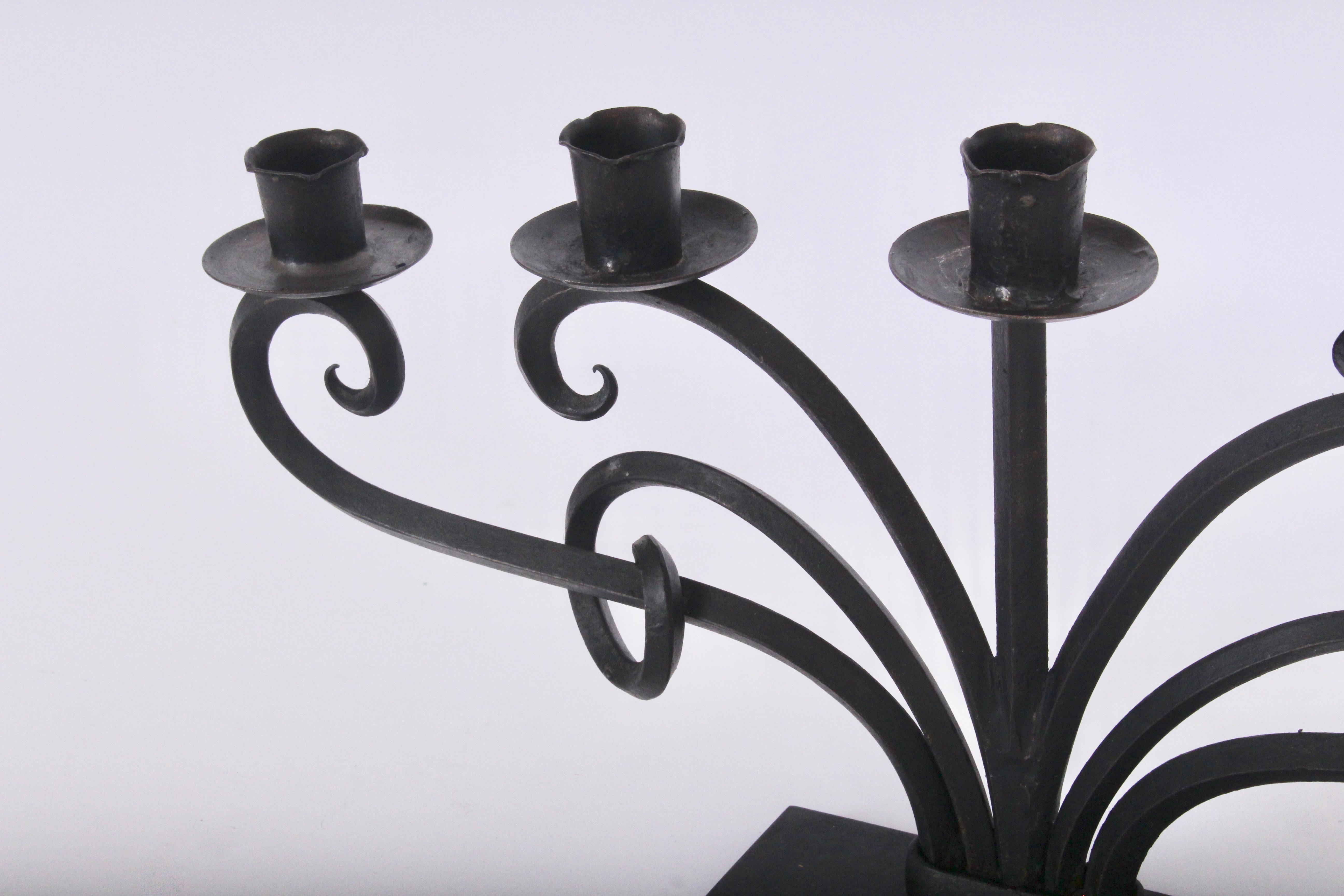 20th Century Large Pair of Just Andersen Style Scrolled Six-Arm Hand Forged Iron Candelabrum  For Sale