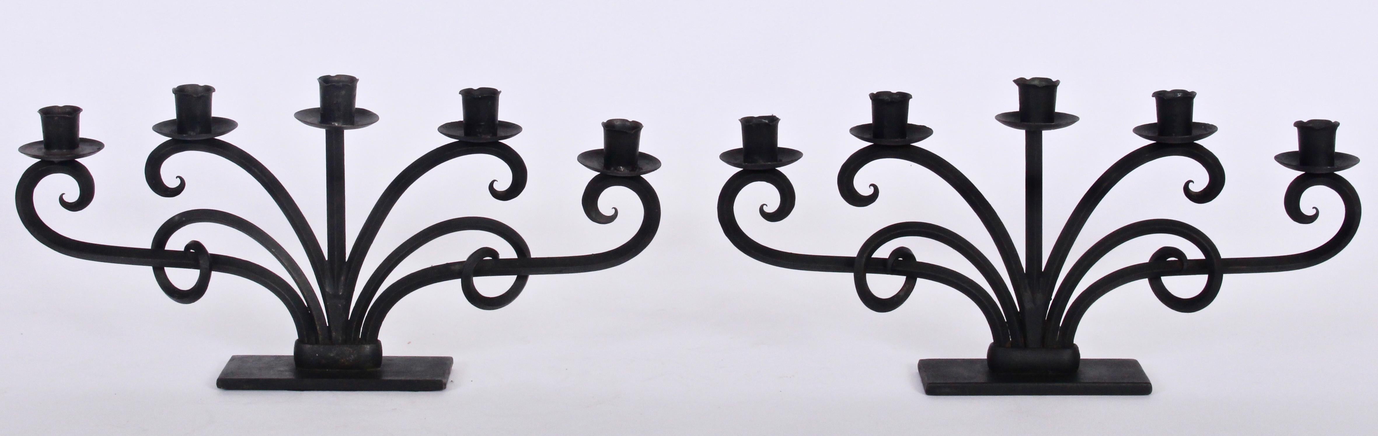 Large Pair of Just Andersen Style Six-Arm Hand Forged Iron Scrolled Candelabrum  For Sale 1