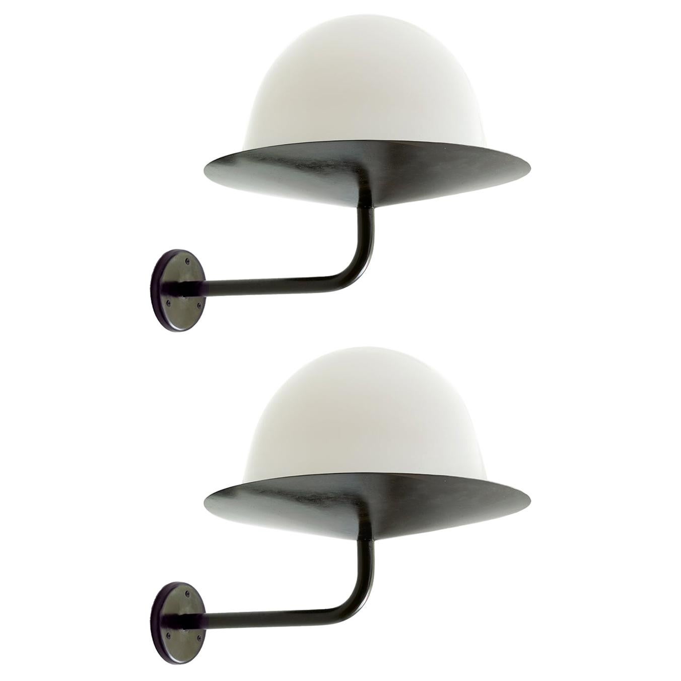 Pair of Scandinavian Modernist Sconces with Dome Shaped Glass Shades For Sale