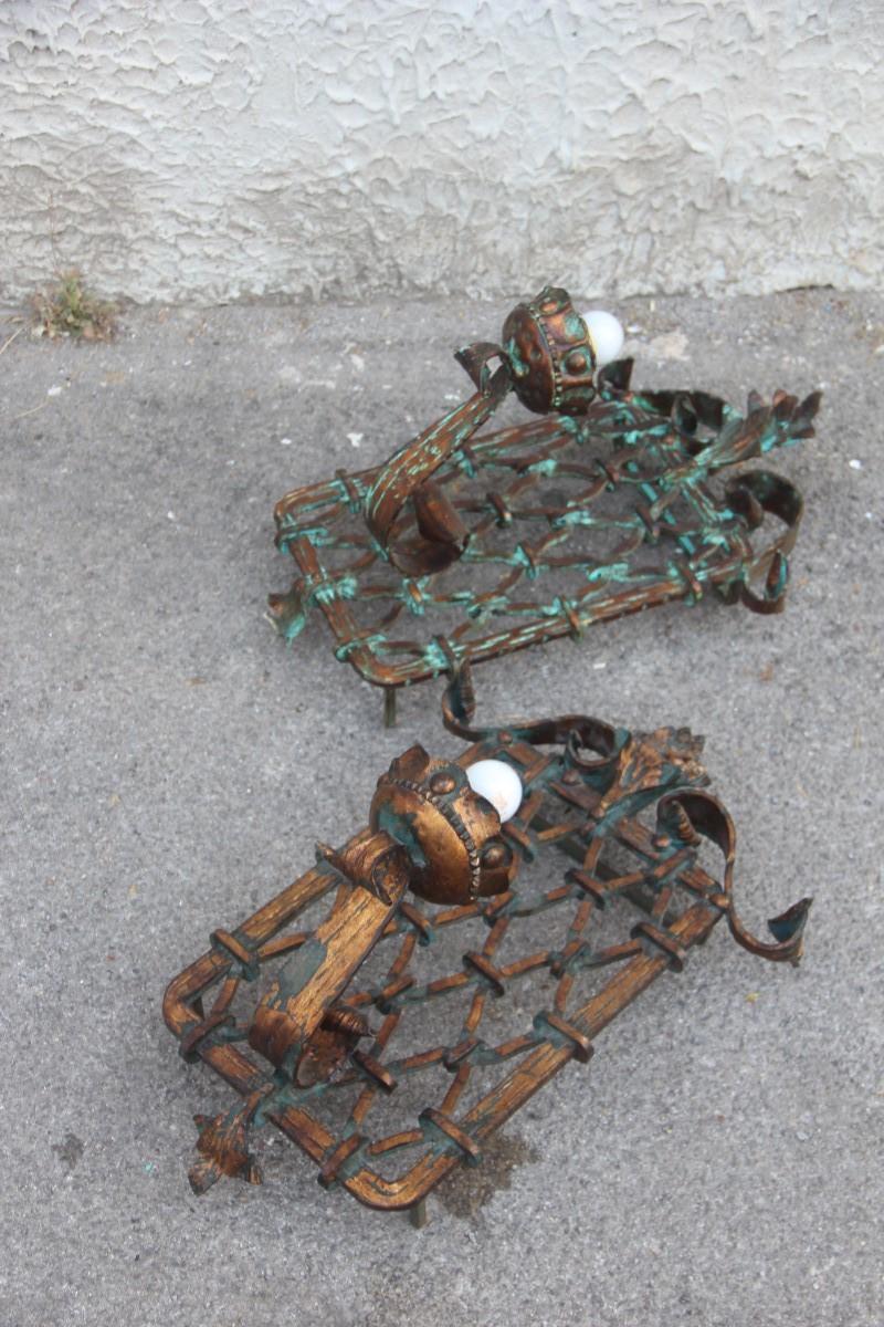 Large Pair of Sconces Hand Forged Golden Iron Italy Design 1950s for Castle Mesh For Sale 10