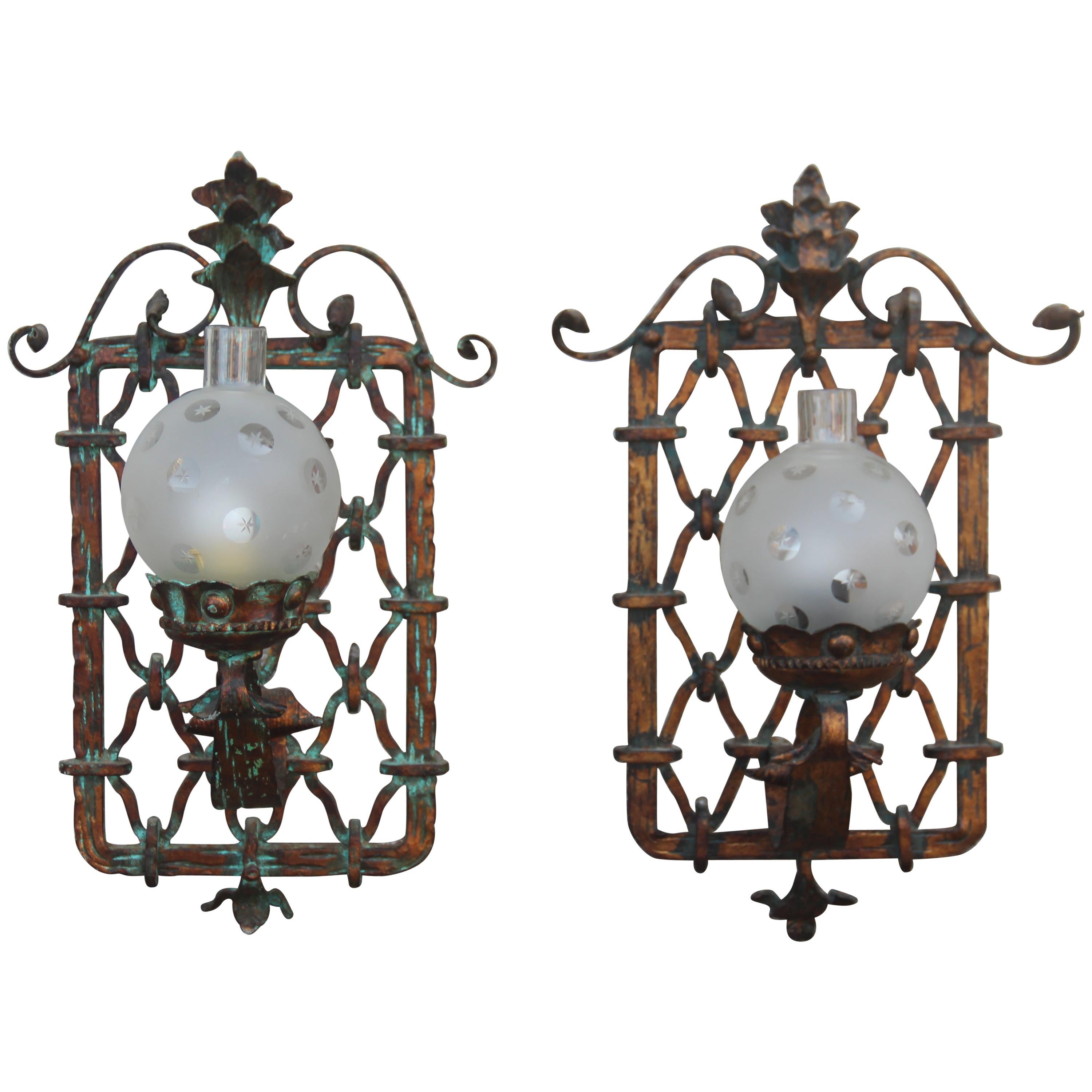 Large Pair of Sconces Hand Forged Golden Iron Italy Design 1950s for Castle Mesh For Sale