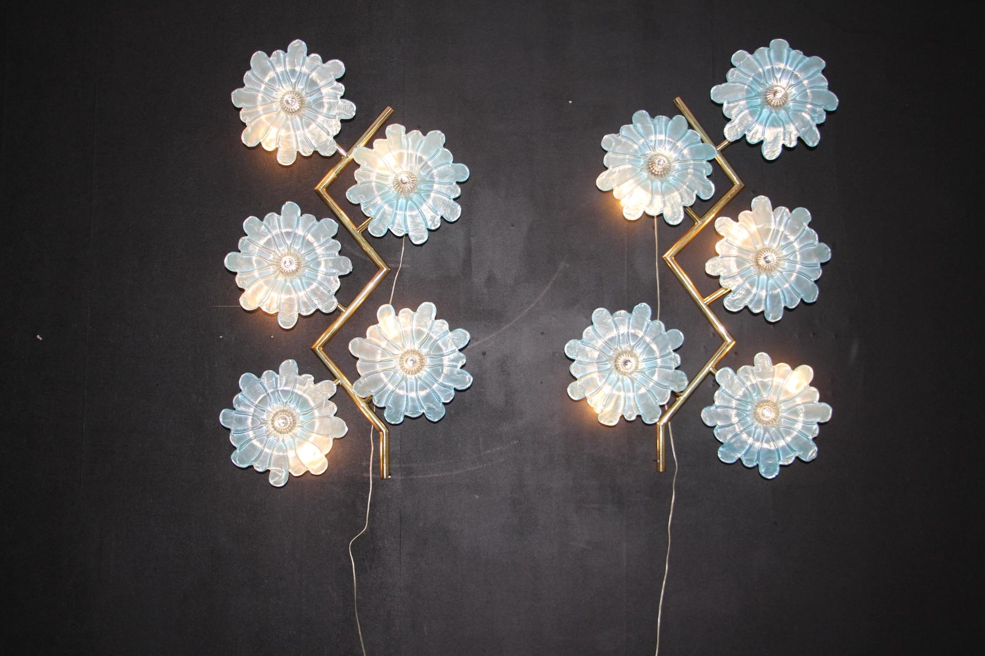 Mid-Century Modern Large Pair of Sconces with Iridescent Blue Murano Glass Flowers, Blue Wall Light For Sale