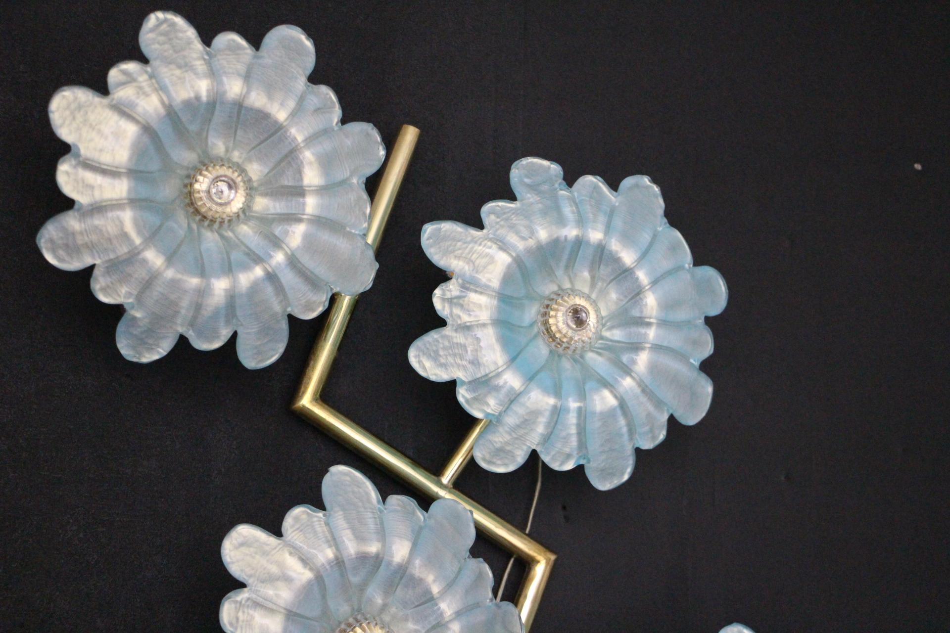 Large Pair of Sconces with Iridescent Blue Murano Glass Flowers, Blue Wall Light For Sale 2