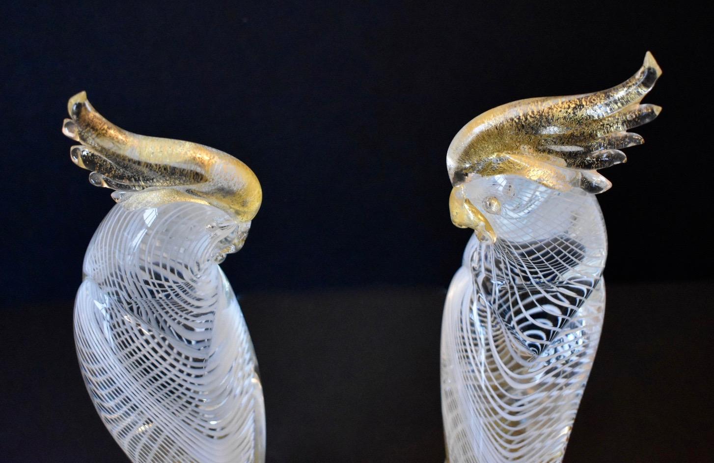 Large Pair of Seguso Murano Glass Cockatoo in Clear, White and Gold Inclusions 7