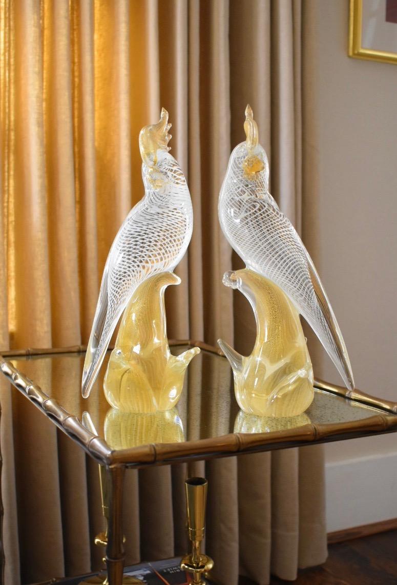 Large Pair of Seguso Murano Glass Cockatoo in Clear, White and Gold Inclusions 8