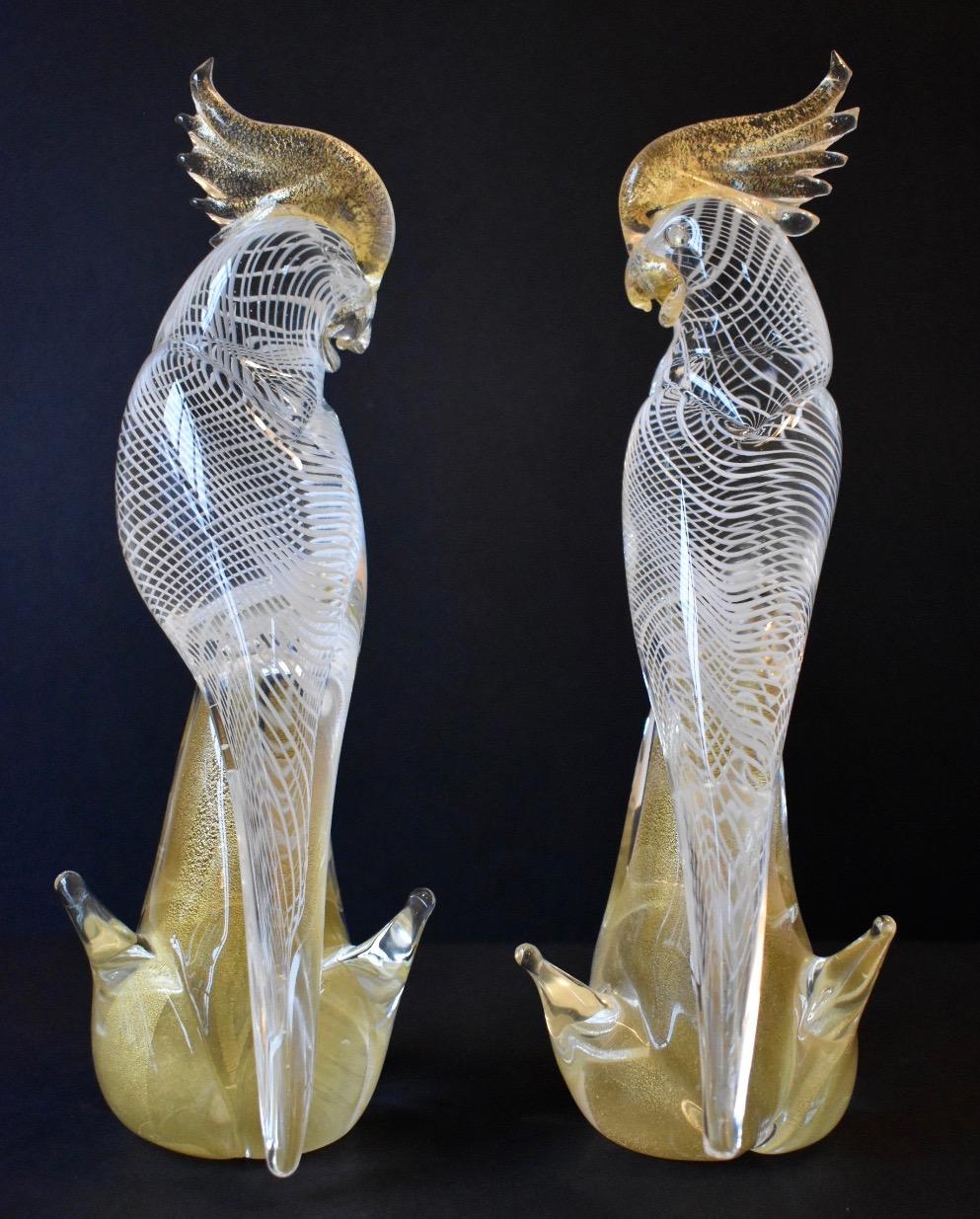 Italian Large Pair of Seguso Murano Glass Cockatoo in Clear, White and Gold Inclusions