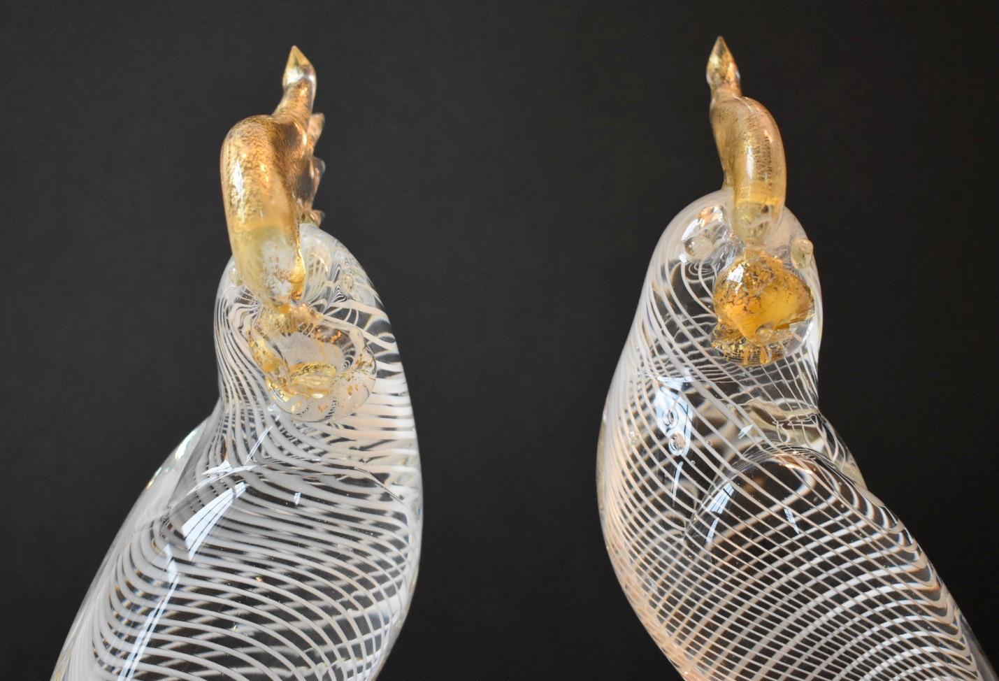 Large Pair of Seguso Murano Glass Cockatoo in Clear, White and Gold Inclusions 1