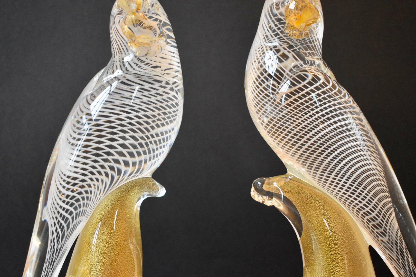 Large Pair of Seguso Murano Glass Cockatoo in Clear, White and Gold Inclusions 2