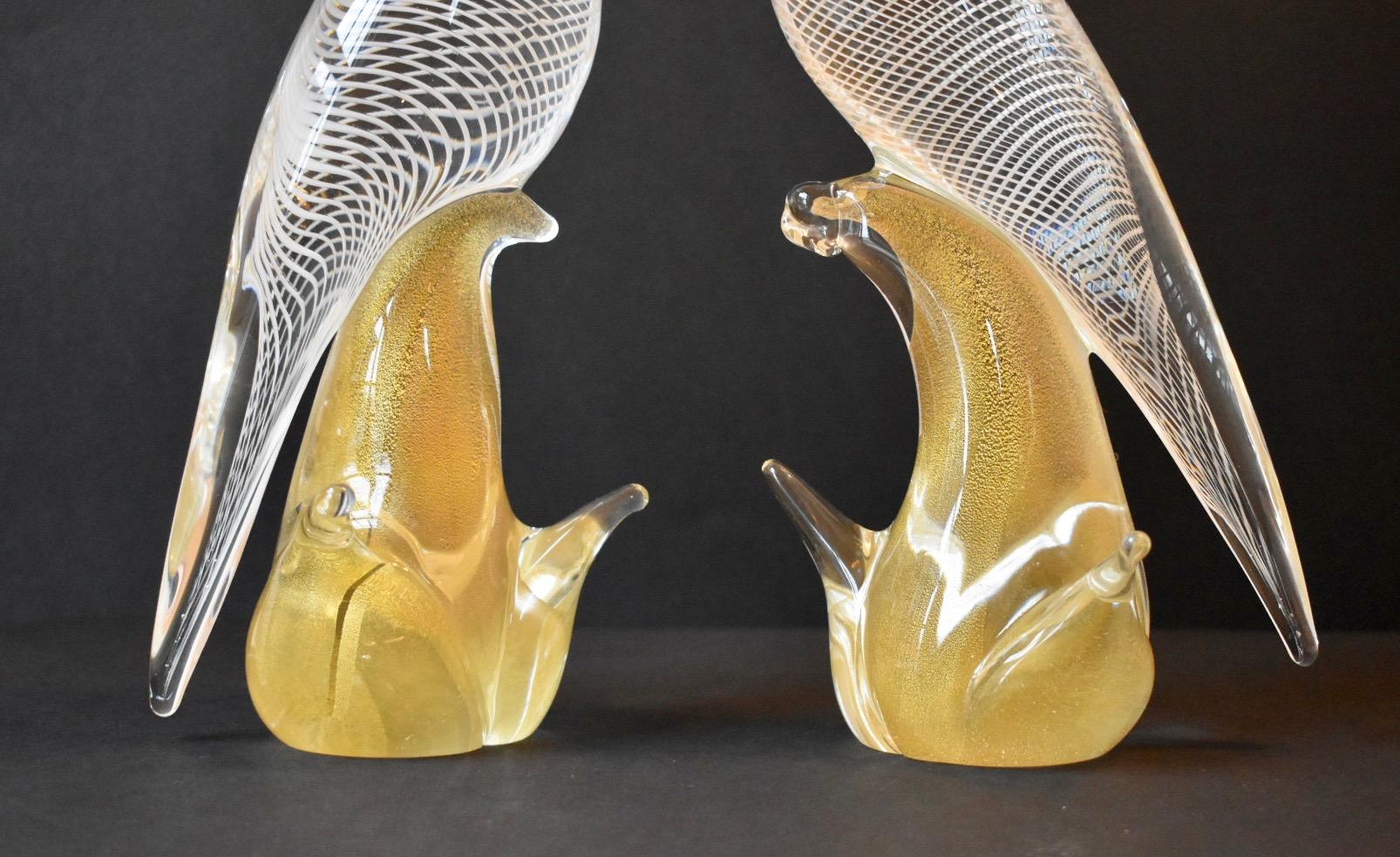 Large Pair of Seguso Murano Glass Cockatoo in Clear, White and Gold Inclusions 3