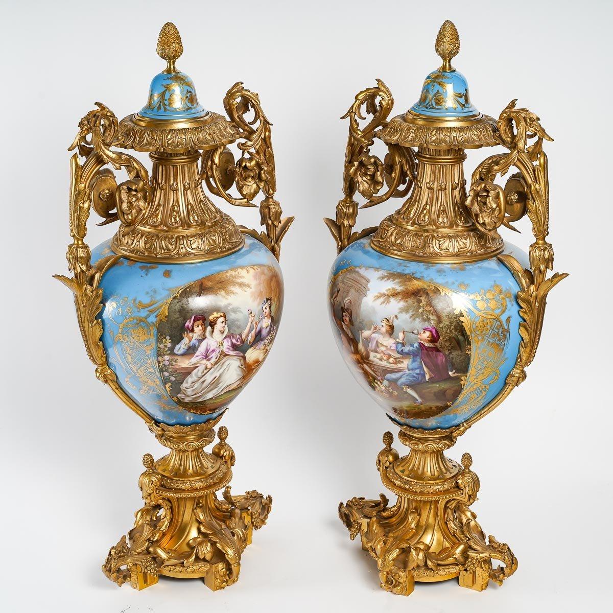 French Large Pair of Sèvres Porcelain Vases, Napoleon III Period