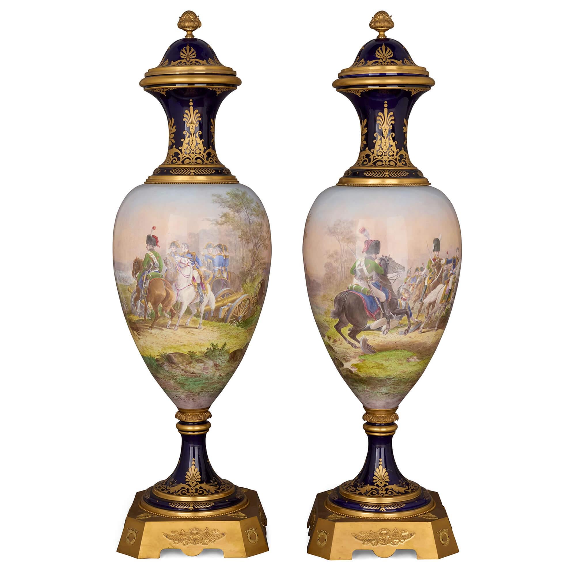 French Large Pair of Sèvres-Style Napoleonic Vases with Ormolu Mounts For Sale