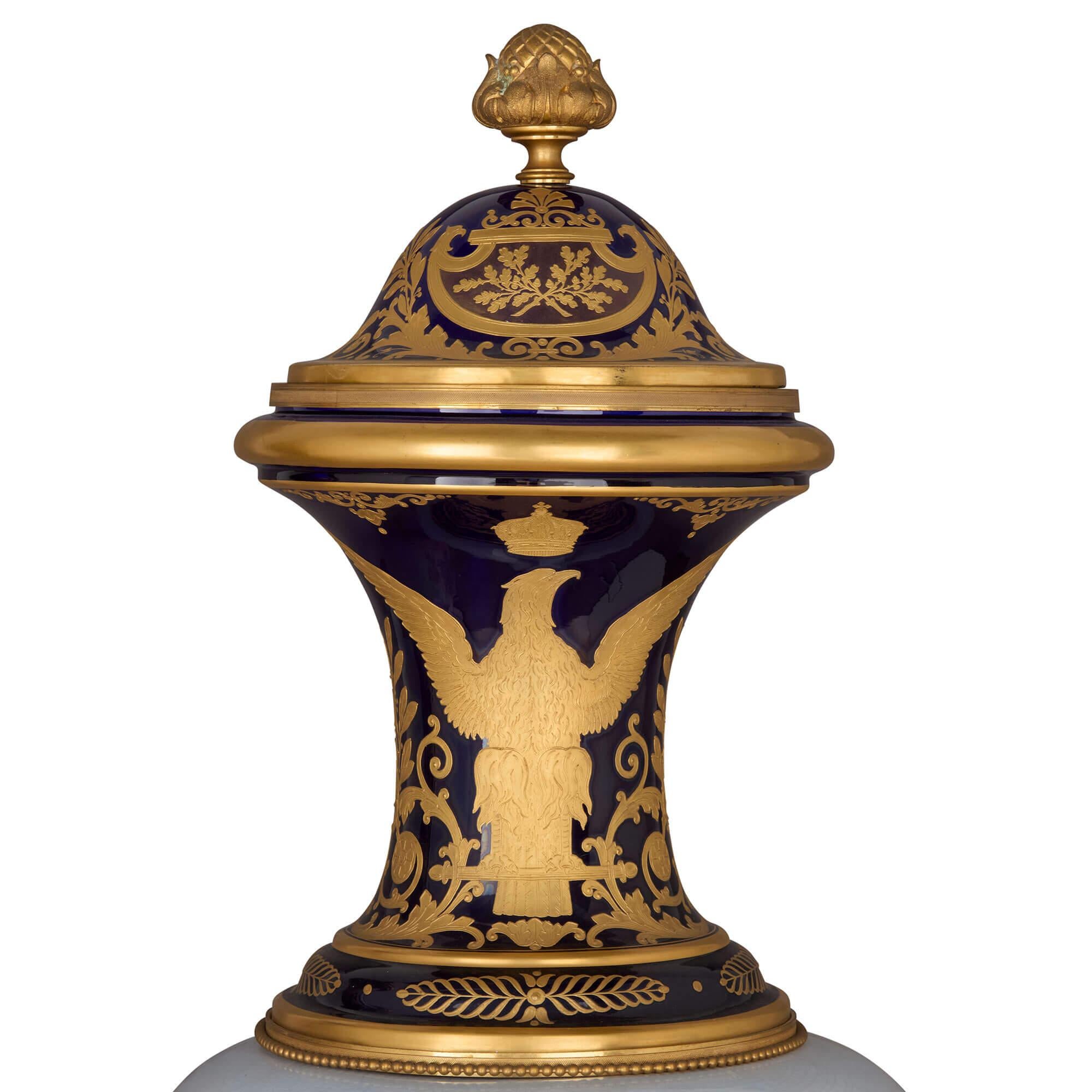Gilt Large Pair of Sèvres-Style Napoleonic Vases with Ormolu Mounts For Sale