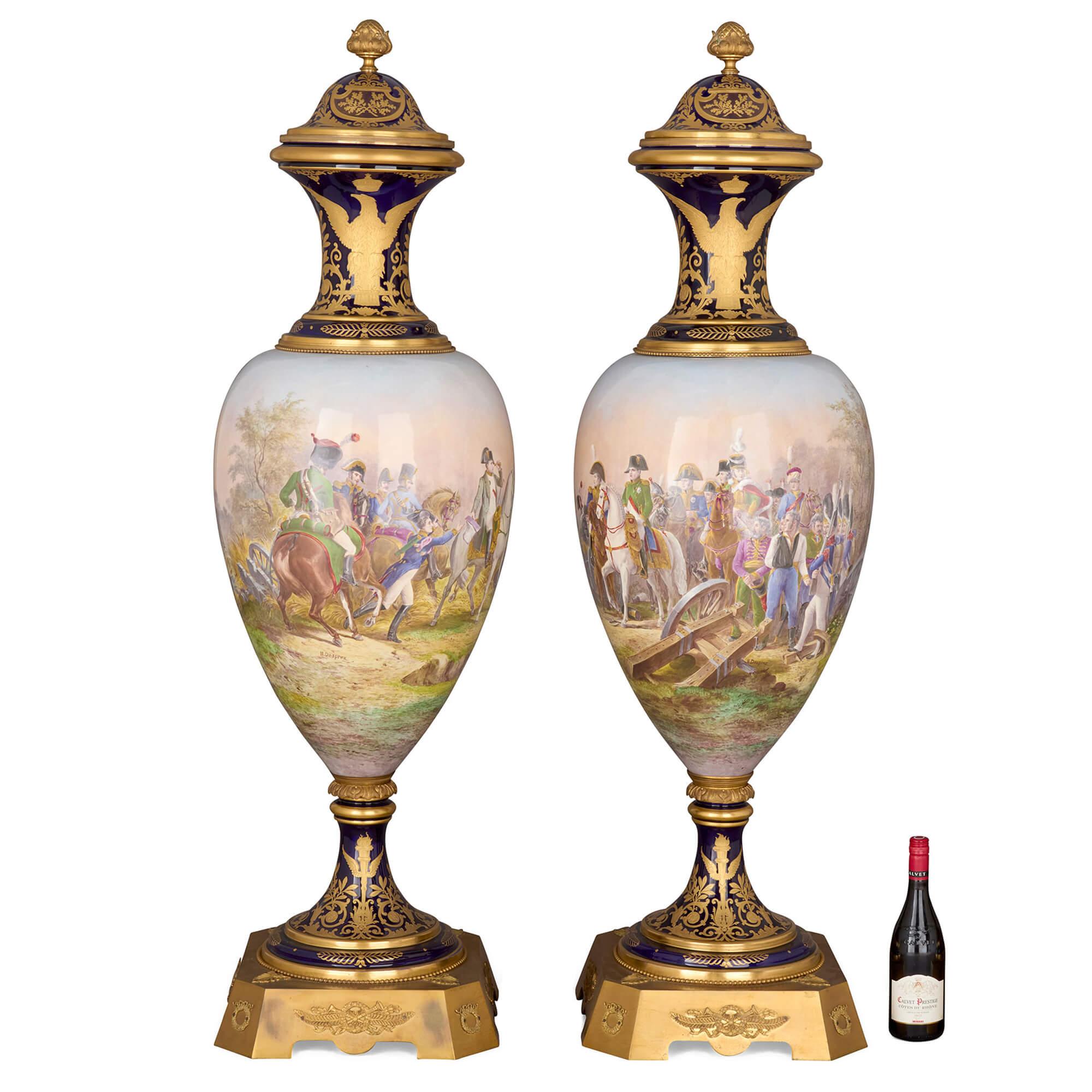 Large Pair of Sèvres-Style Napoleonic Vases with Ormolu Mounts For Sale 2