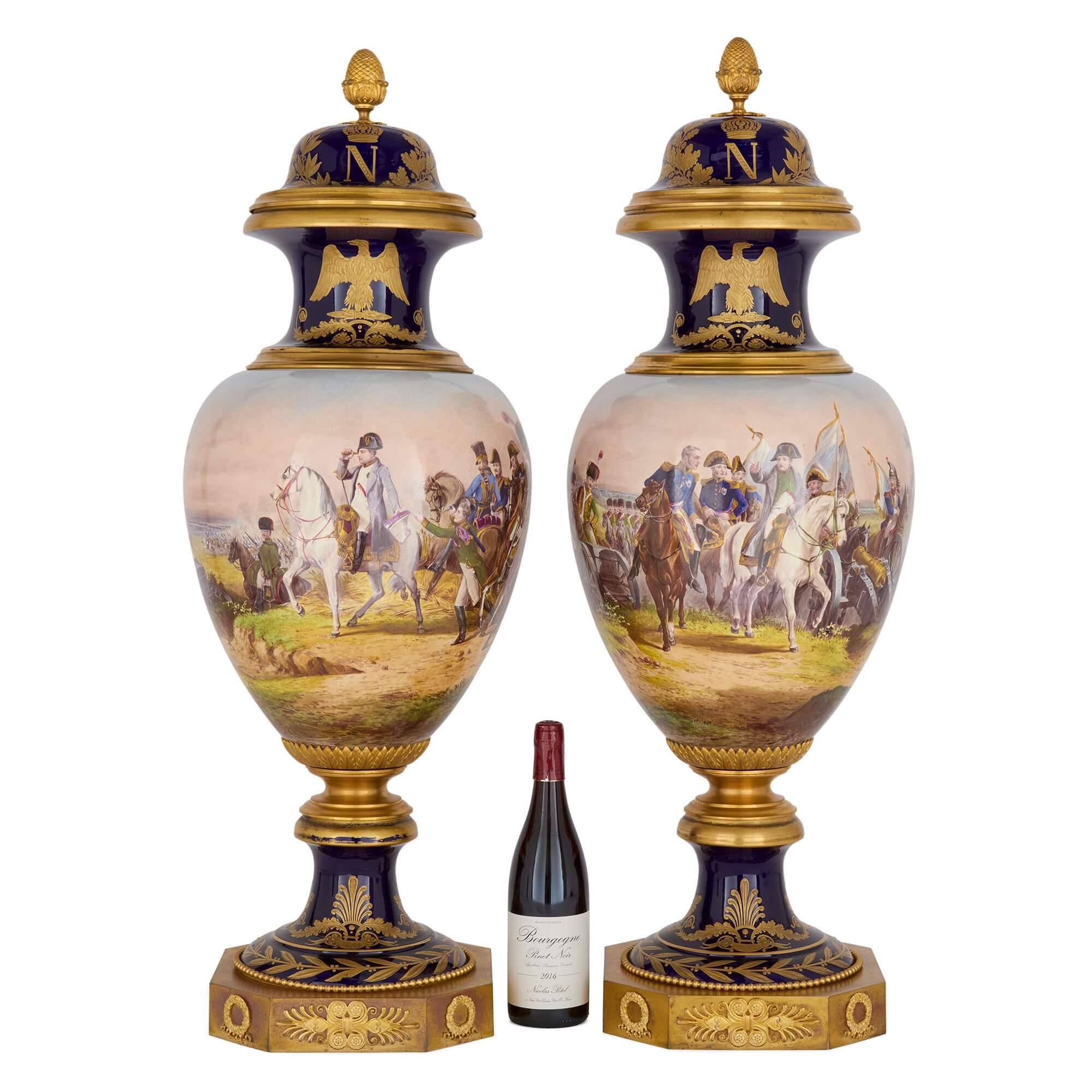 Large Pair of Sèvres-Style Porcelain Napoleonic Vases with Ormolu Mounts For Sale 6