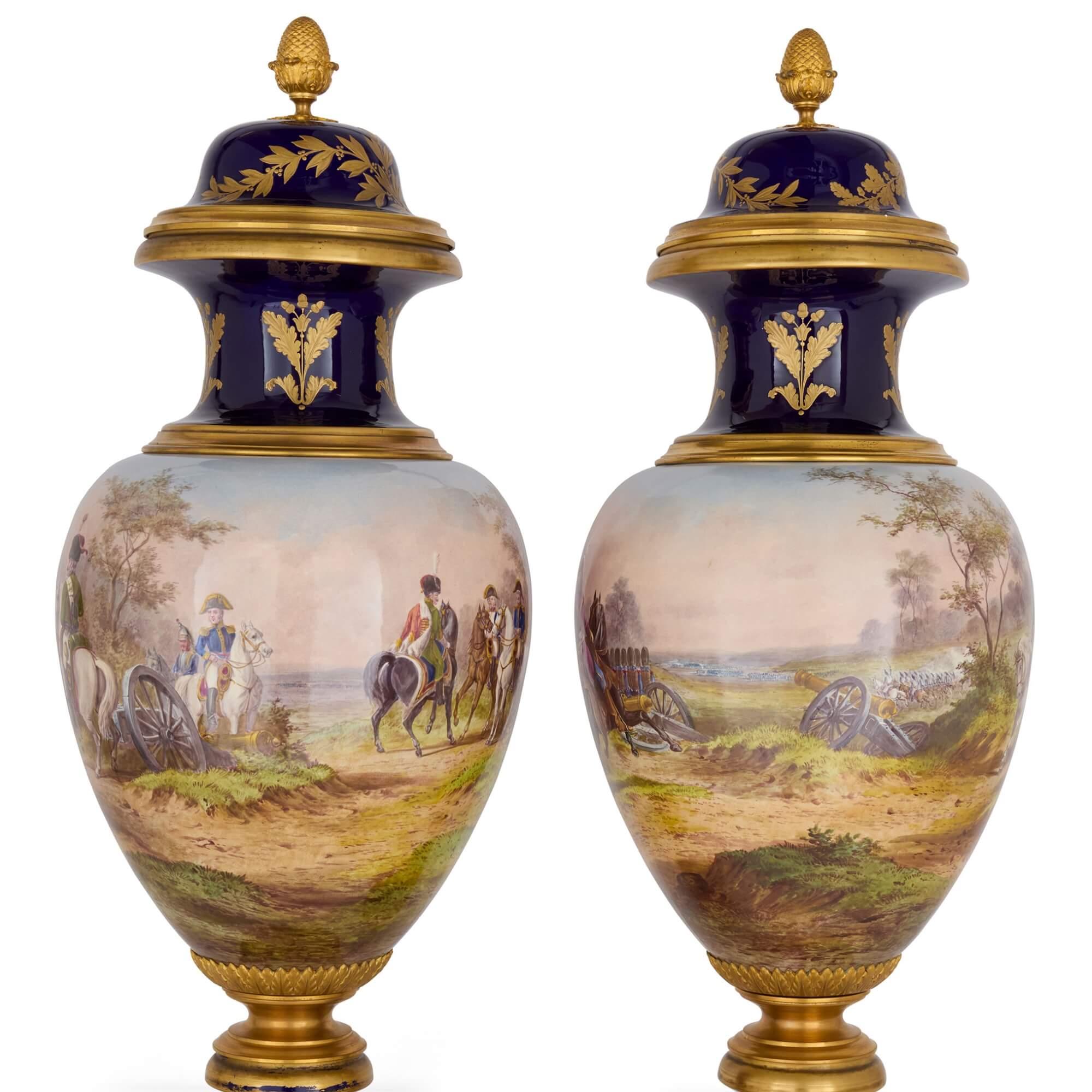 French Large Pair of Sèvres-Style Porcelain Napoleonic Vases with Ormolu Mounts For Sale