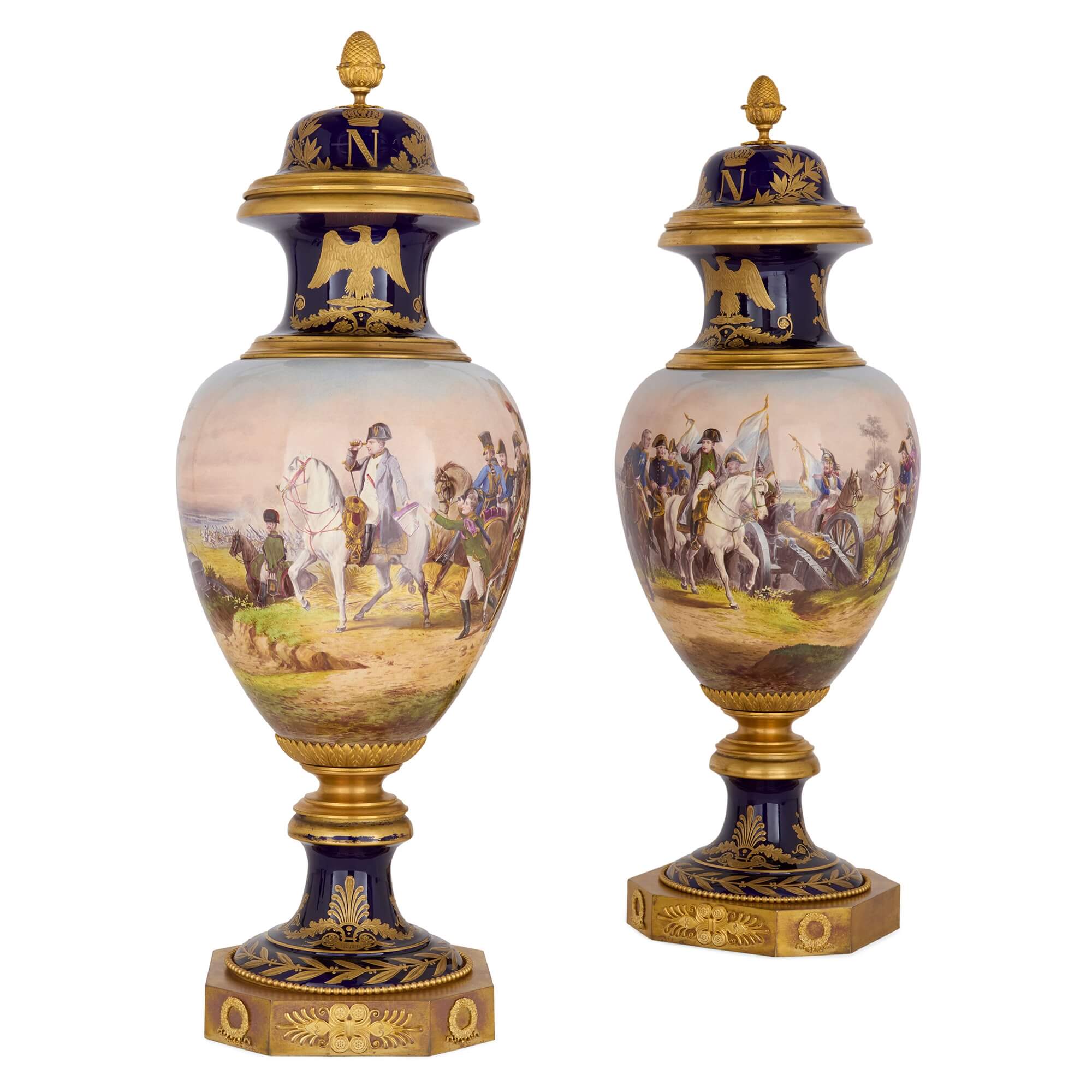 Large Pair of Sèvres-Style Porcelain Napoleonic Vases with Ormolu Mounts For Sale