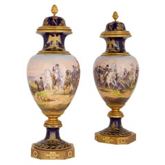Large Pair of Sèvres-Style Porcelain Napoleonic Vases with Ormolu Mounts