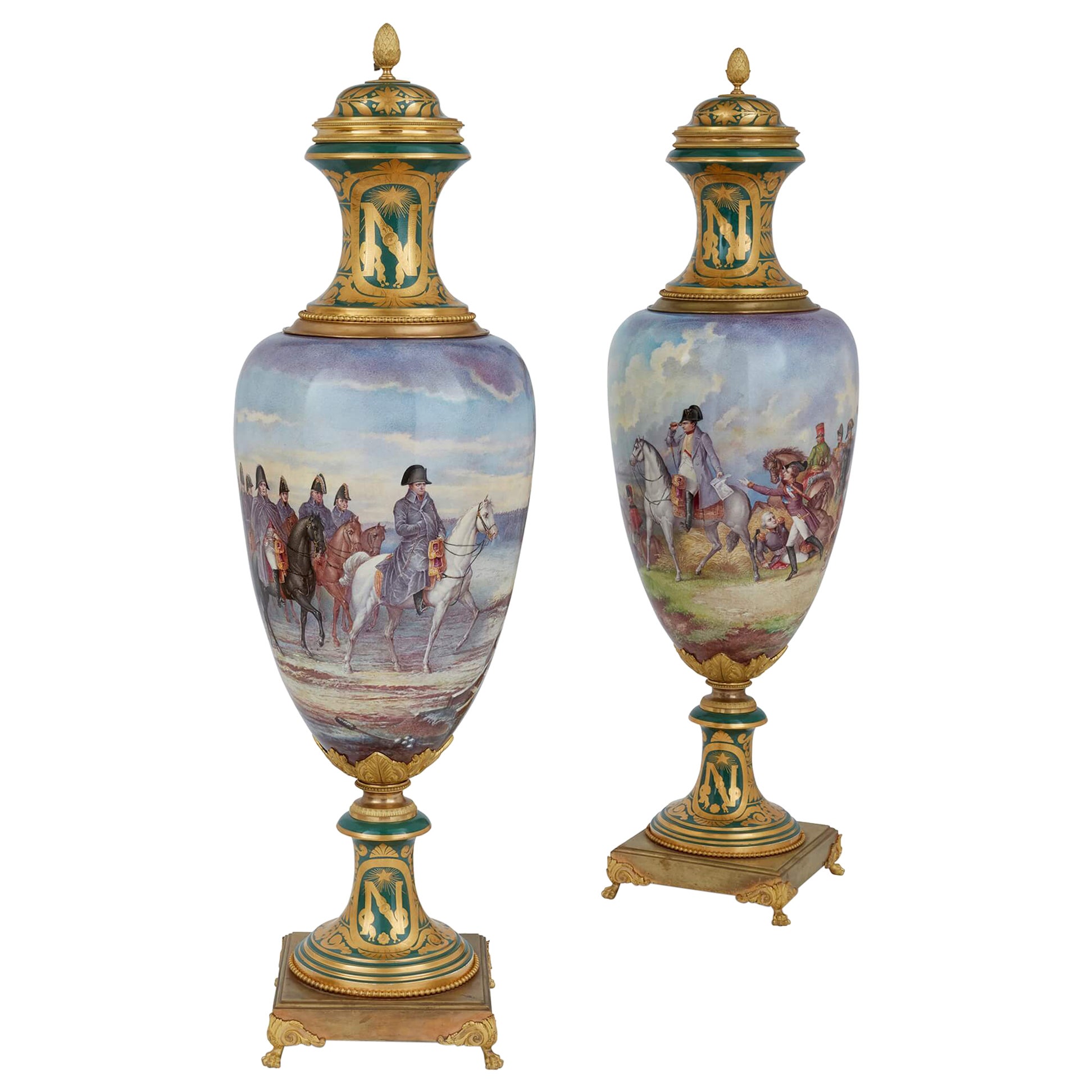 Large pair of Sèvres-style porcelain vases with Napoleonic scenes For Sale
